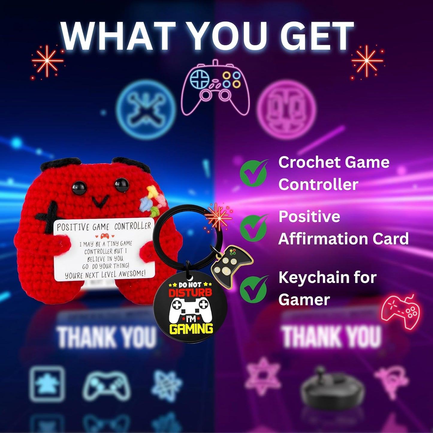Gamer Gifts Positive Crochet Game Controller and Inspirational Keychain, Unique Teenage Boy Gifts Idea, Gaming Gift Set with Gamer Keychain, Birthday Gift Emotional Support Crochet for Game Lovers
