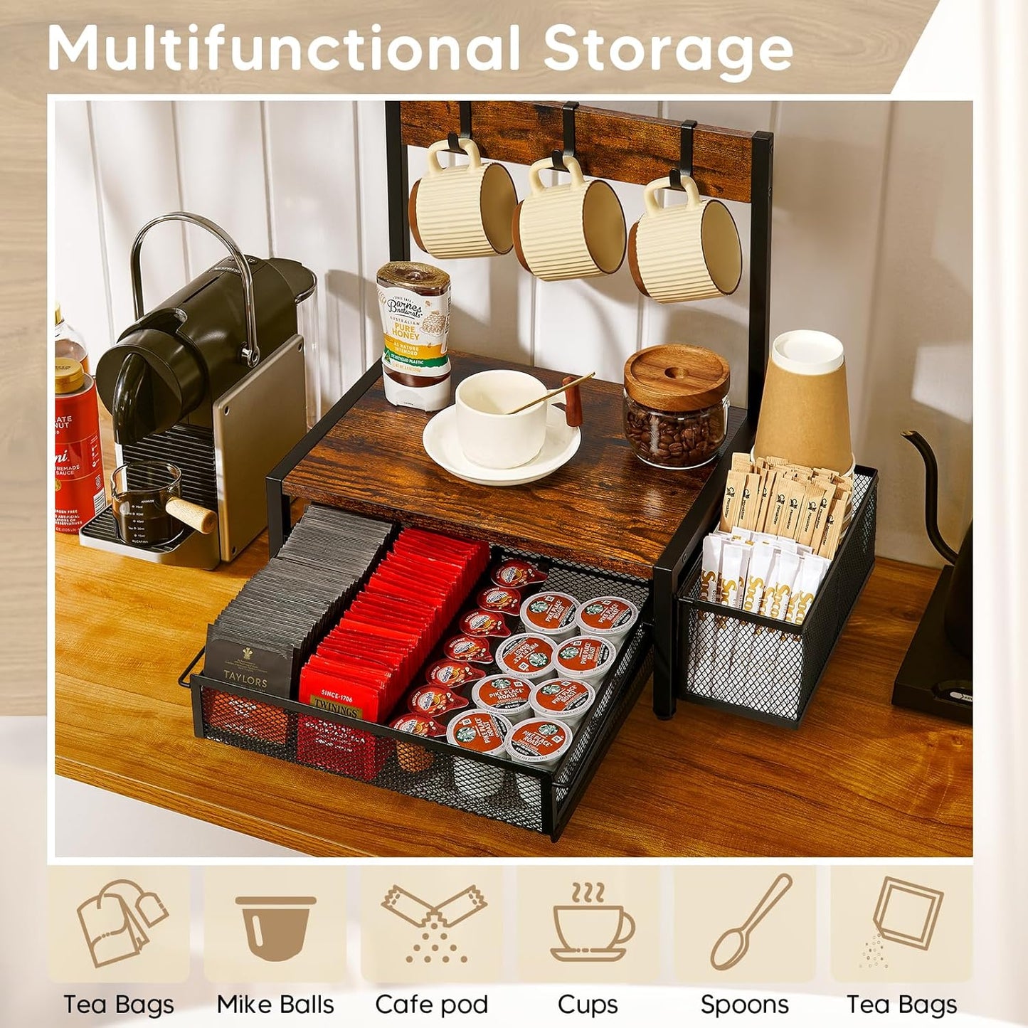 Tea Bag Organizer, Wood Tea Organizer and Storage Cheast, Tea Bag Holder with Storage Drawer, 4 Hooks for Tea Cups Holder, Tea Station Chest Display Container Box for Countertop Kitchen