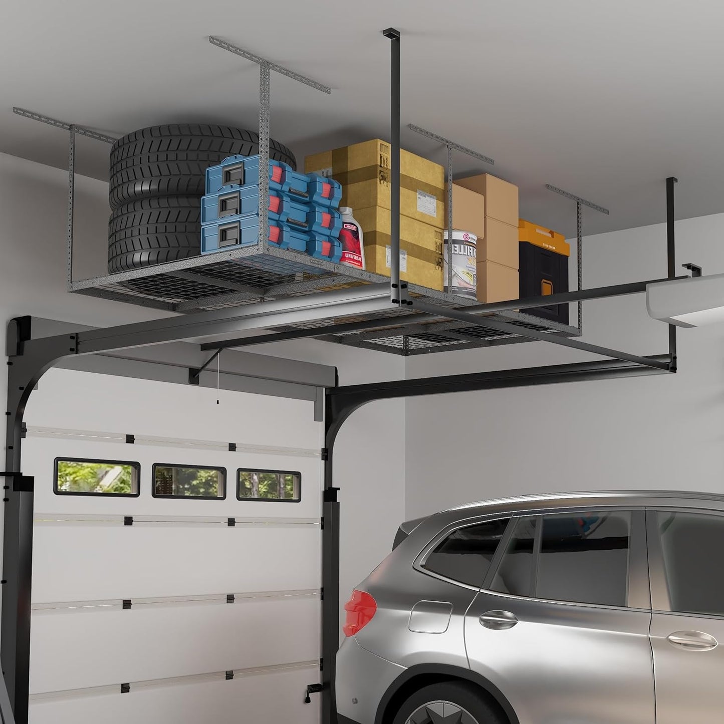 FLEXIMOUNTS 4x8 Overhead Garage Storage Rack, Adjustable Organization System, Heavy-Duty Metal Ceiling Racks, 750lbs Weight Capacity, Hammertone, Classic Series