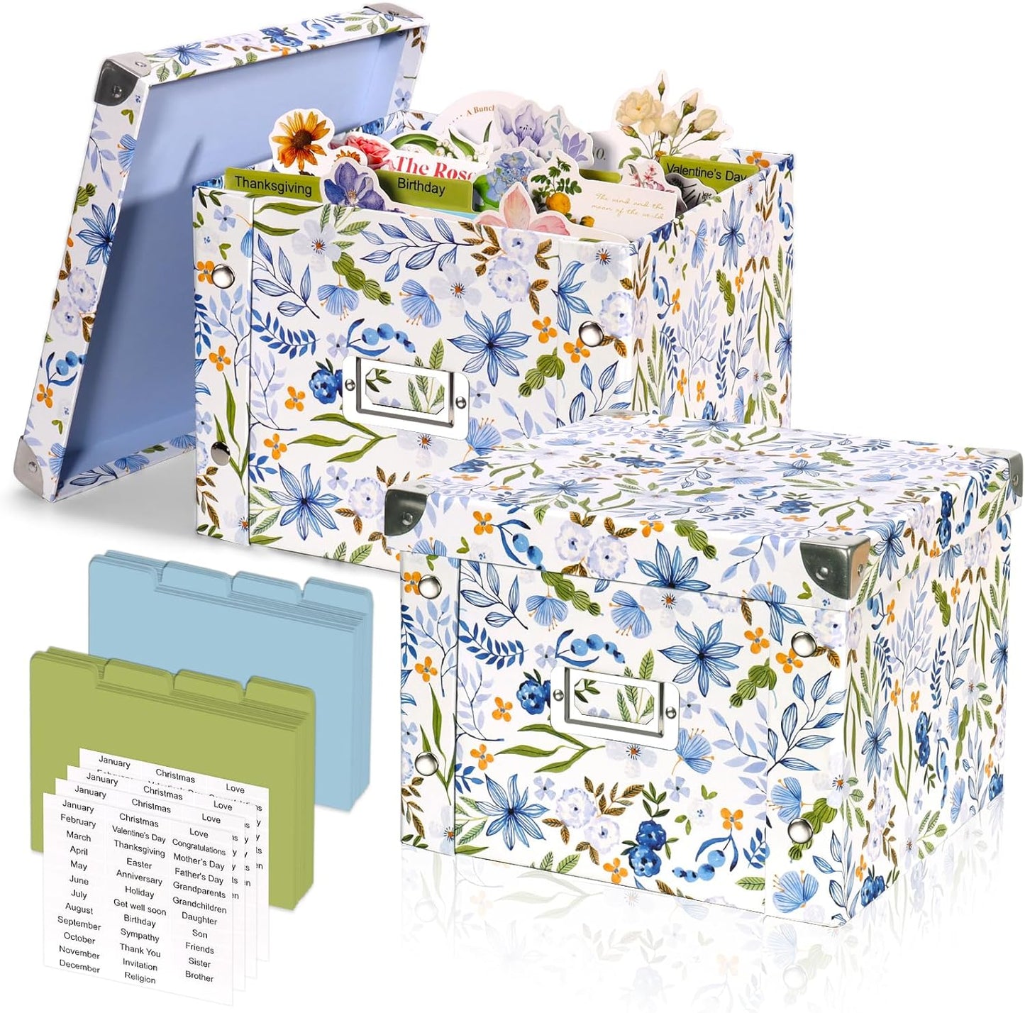 2 Pack Collapsible Greeting Card Storage Box Organizer with 16 Dividers and Sticker Greeting Card Keeper for 6x8 Holiday Birthday Photos Recipes Envelopes