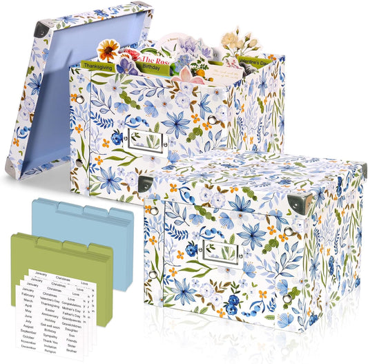 2 Pack Collapsible Greeting Card Storage Box Organizer with 16 Dividers and Sticker Greeting Card Keeper for 6x8 Holiday Birthday Photos Recipes Envelopes