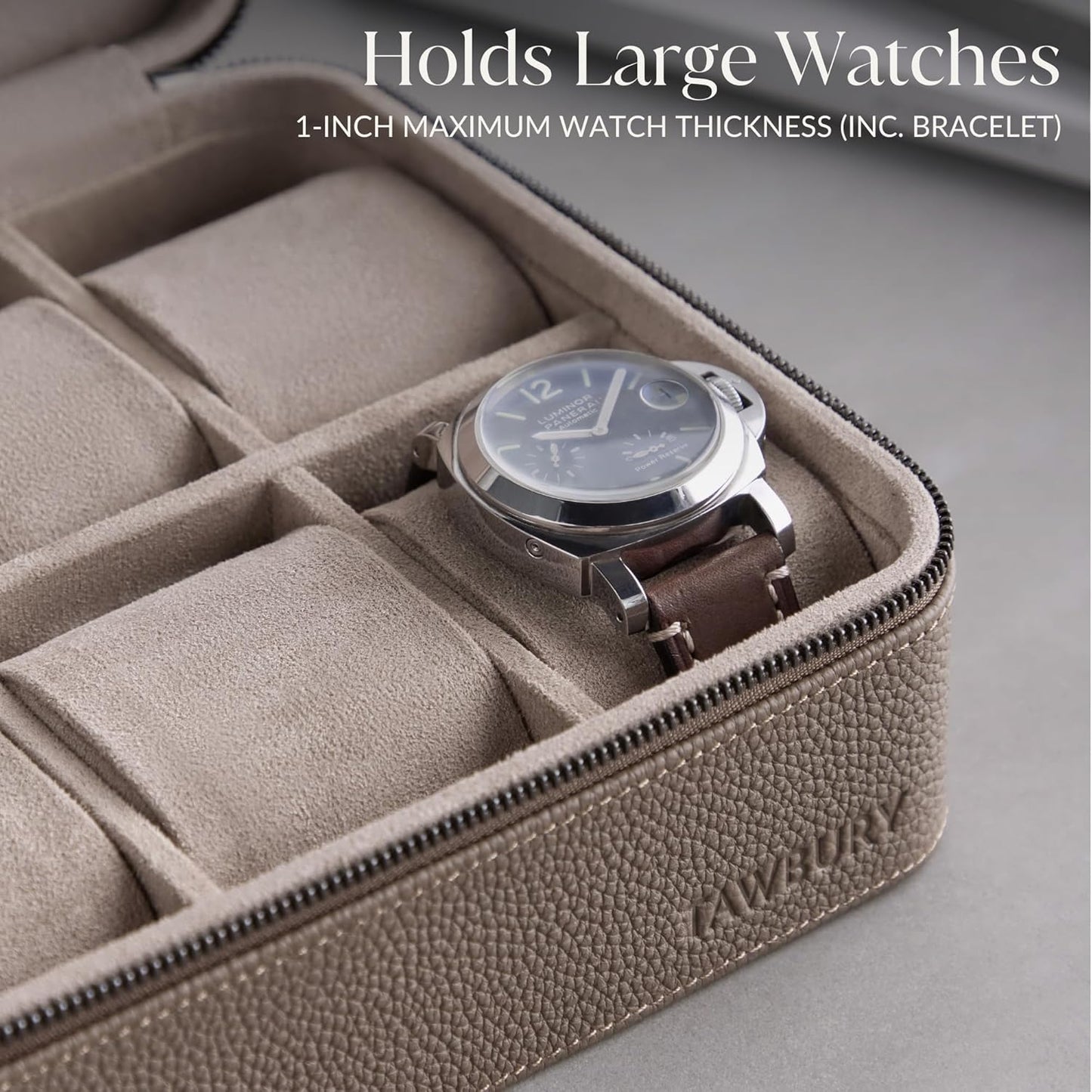 TAWBURY Watch Case - 8 Slot Genuine Top-Grain Leather Watch Box for Men & Women with Extra Wide Pillows for Large Watches - Portable Wristwatch Storage for Home & Travel (Taupe)