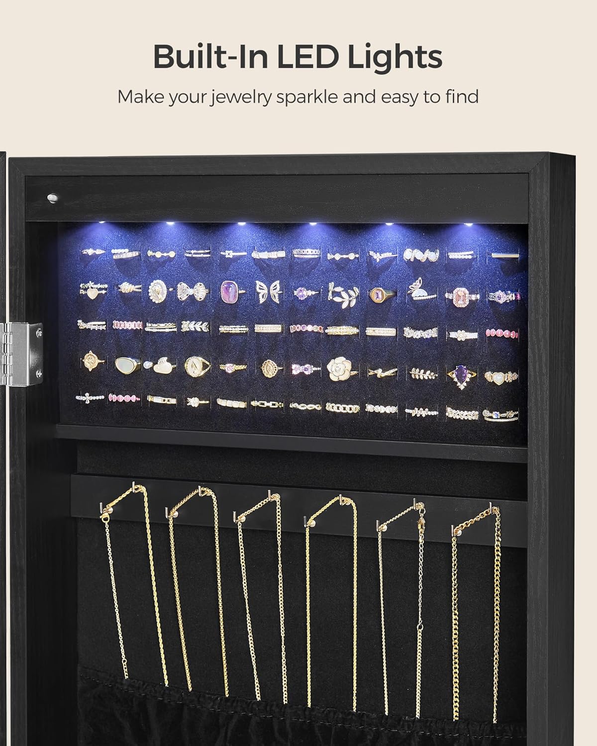 SONGMICS Hanging Jewelry Cabinet, Wall-Mounted Cabinet with LED Interior Lights, Door-Mounted Jewelry Organizer, Full-Length Mirror, Christmas Gift Idea, Ink Black UJJC099B01