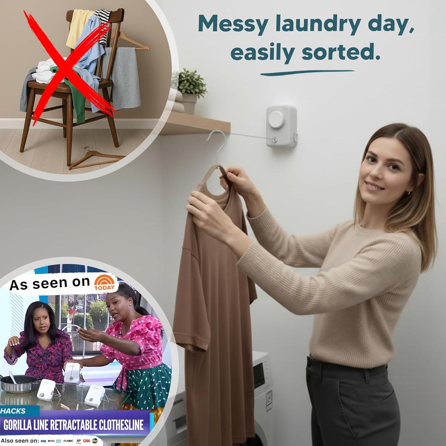 GorillaLine Max - Retractable Clothesline Indoor Outdoor Clothes Line - Heavy Duty Clothes Drying Laundry Line - Wall Mounted Drying Rack - Air Dry Clothing - Max Tighten with GorillaGrip