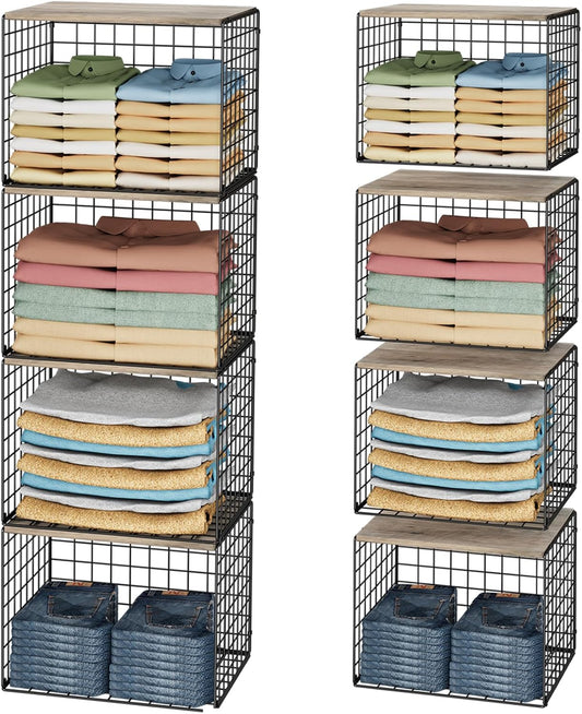 4PCS Wider Closet Organizers and Storage, Stackable Closet Shelf Organizer Storage Bins with Wood Top for Sweaters Jeans, Clothes Organizer Shelves for Wardrobe System Rack, Space-Saving,Sturdy Metal