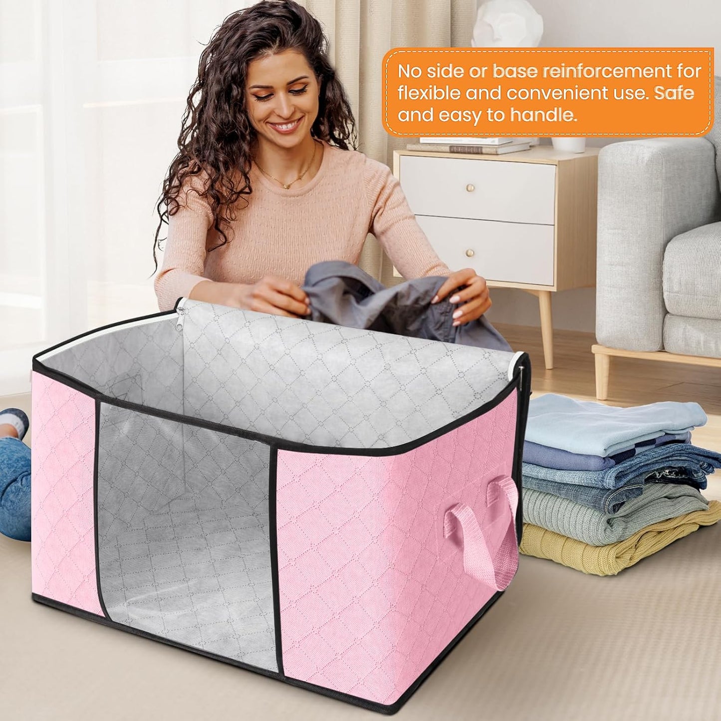 Fab totes 24 Gallons Clothes Storage, Foldable Thick Fabric Blanket Storage Bags, Containers for Organizing Bedroom, Closet, Clothing, Comforter, Organization with Handle (10 Pack,Pink)