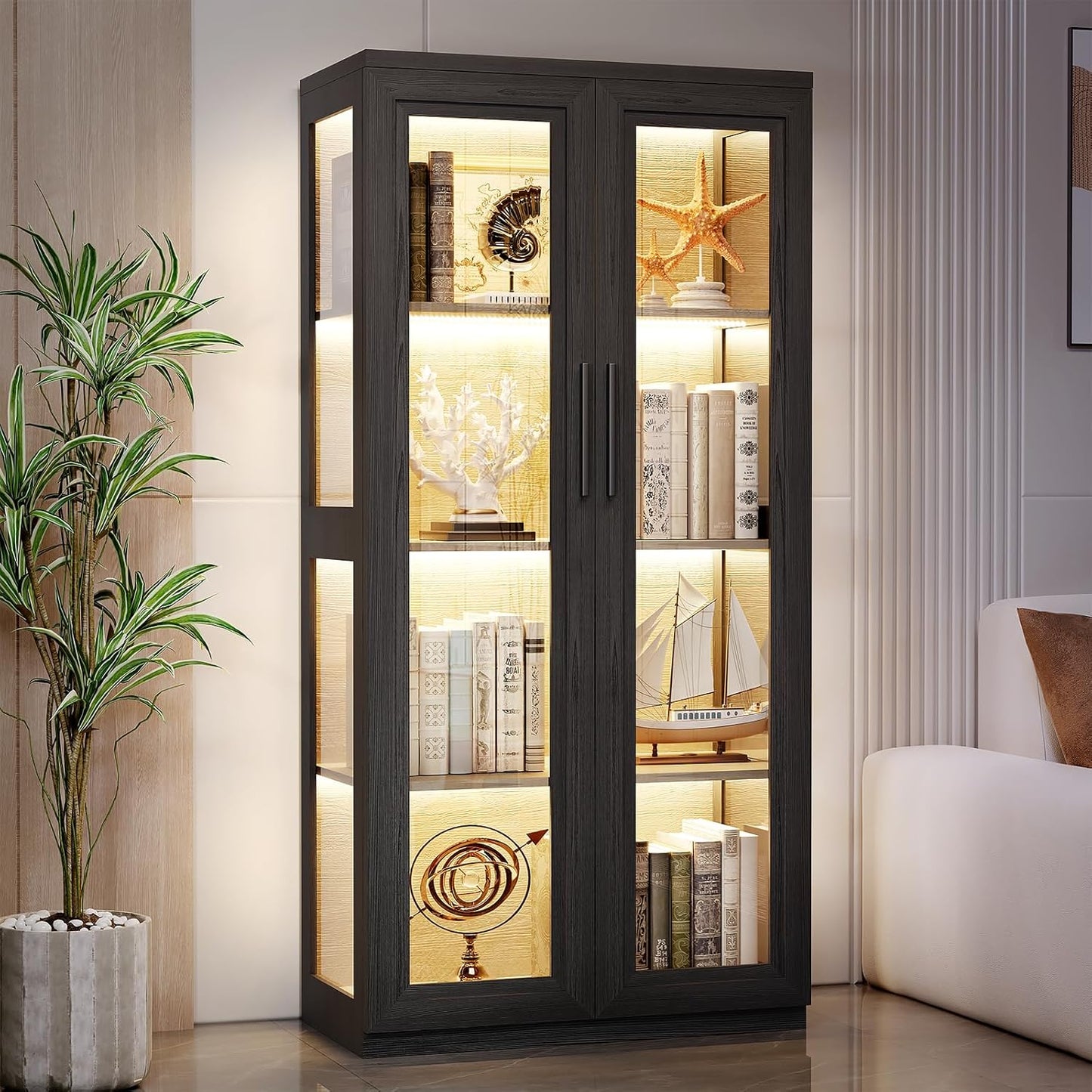 Curio Cabinet with Glass Doors, Bookcase with 4 Shelves, Display Cabinets for Collectibles, China Cabinet with 3 Color LED Lights and Human Body Sensing, Buffer Hinge, Black
