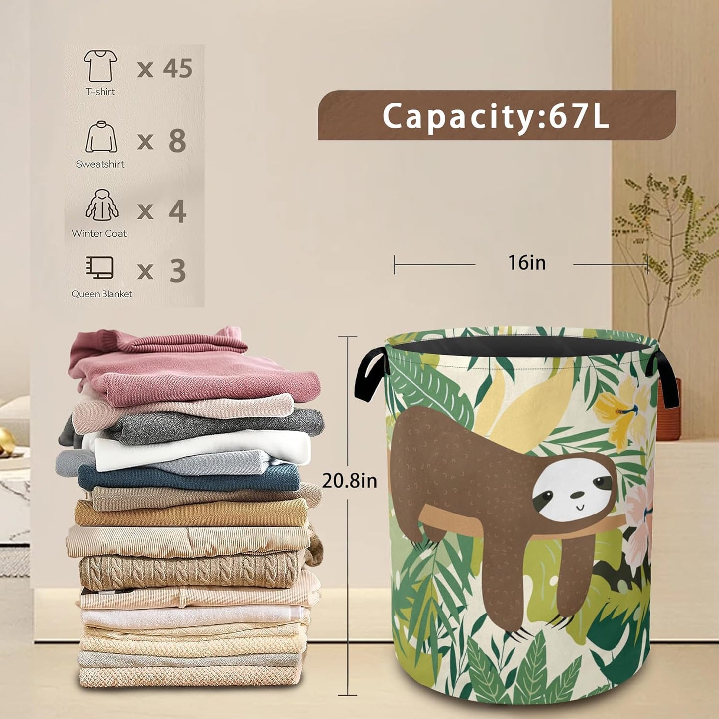 Laundry Hamper,Cute Funny Sloth Laundry Basket,Palm Leaf Waterproof Oxford Cloth Storage Basket with Handle for Clothes Books Nursery Home Storage Sundries 16"x20"
