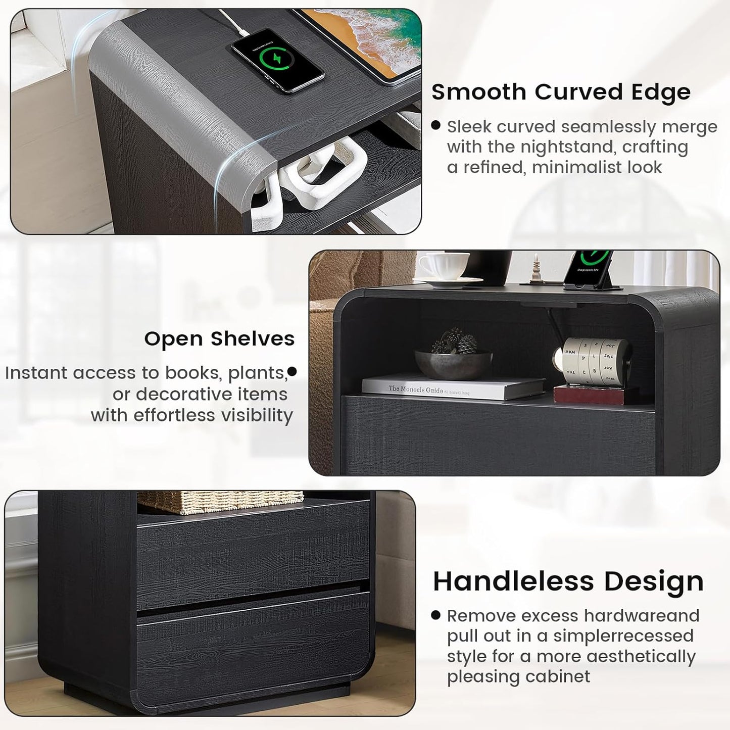 Curved Black Nightstand with Charging Station, 25" Tall Wood Night Stand, Modern Bedside Table with 2 Storage Drawers, End Table for Bedroom, Dorm, Sofa, Office