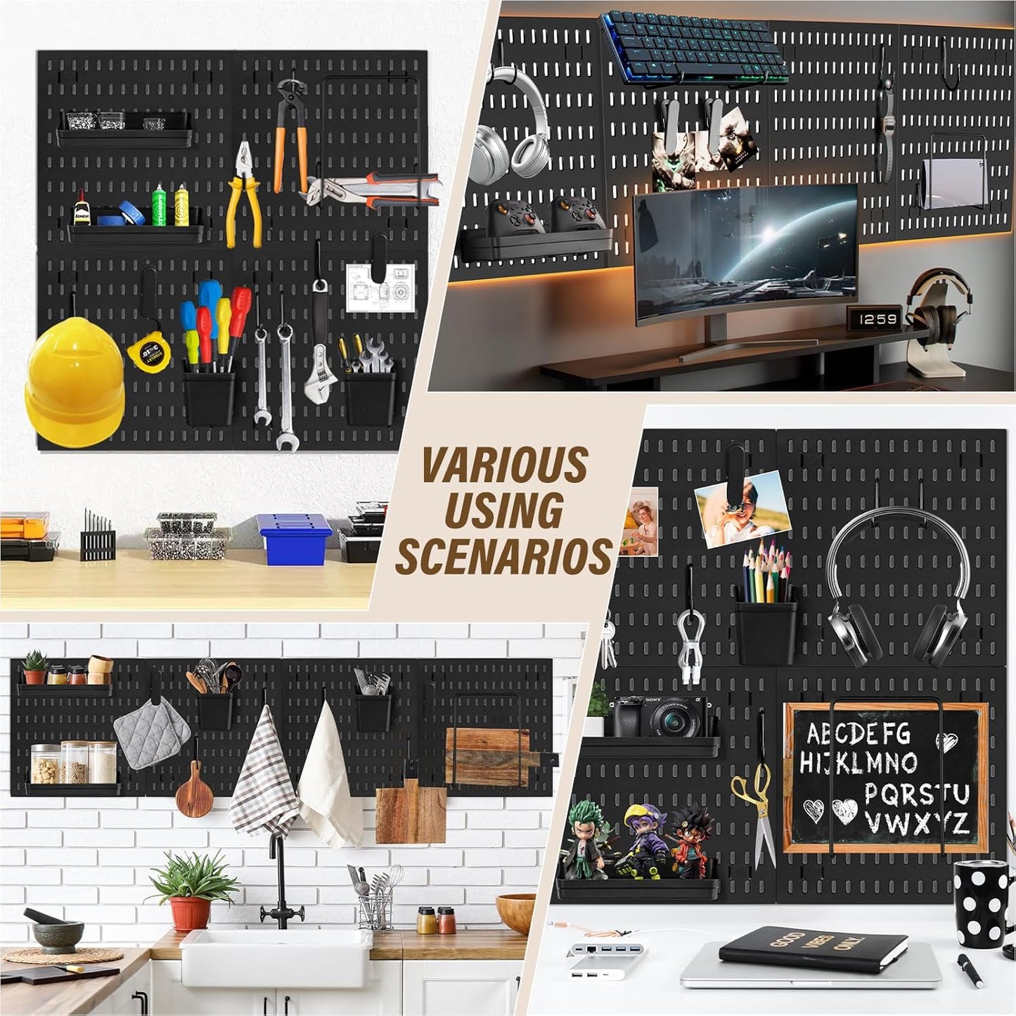 AKTOP Peg Board Wall Organizer 4-Pack – 12"x12" Black Pegboard Combination Kit with 13 Accessories for Wall, Plastic Peg Board Panels for Home, Office, Garage Tool Storage & Craft Room