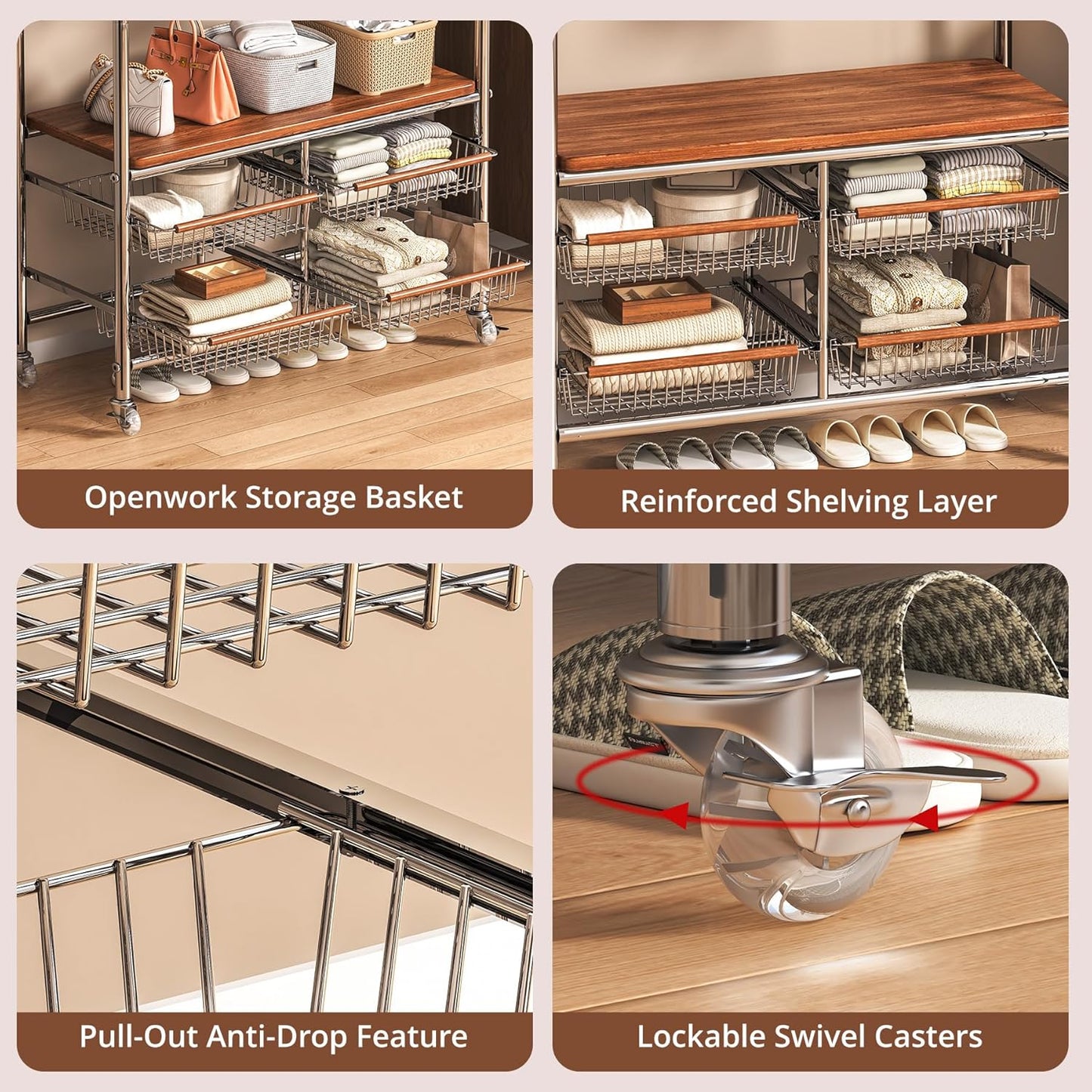 Rolling Clothing Garment Rack for Hanging Clothes–Portable Indoor Wardrobe Closet Organizer Shelves Metal Hanger Stand Heavy Duty Coat Drying Storage Racks with Wheels 15.7"Dx37"Wx67.7"H Chrome