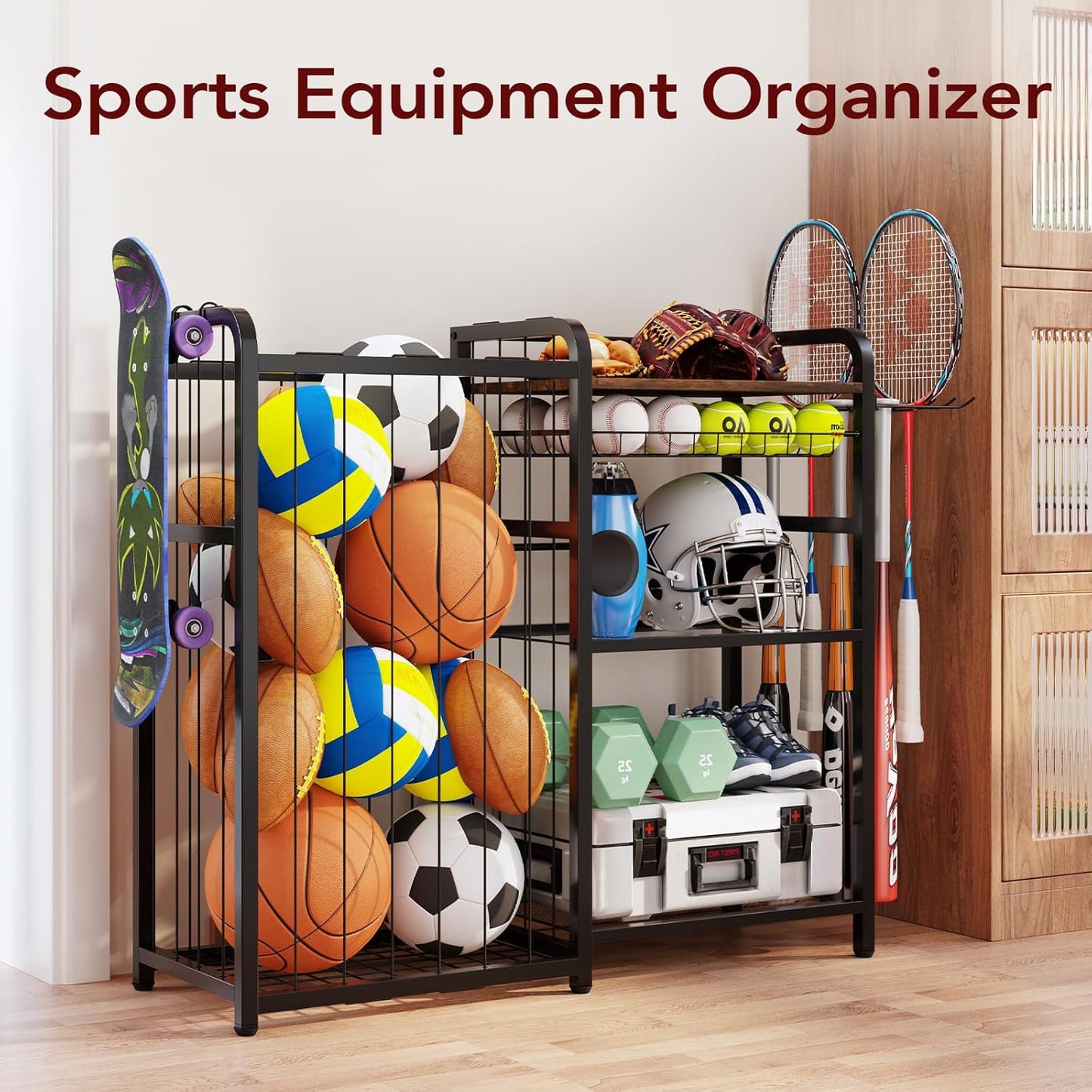 Garage Sports Equipment Organizer, Ball Storage for Gear and Toys, Large Capacity, Sports Organizer for Garage with Hooks and Baskets