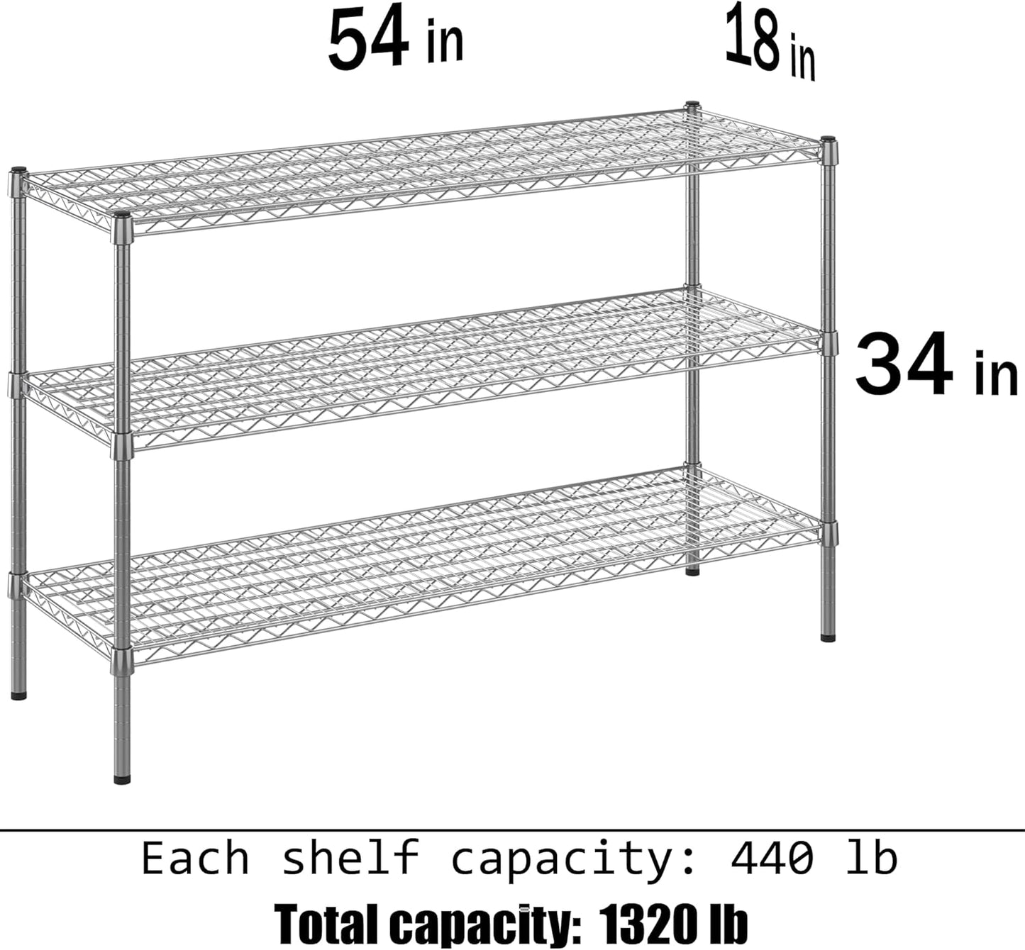 18" Deep x 54" Wide x 34" Height Wire Shelving Kit | 3-Tier | NSF Commercial Storage Rack Unit
