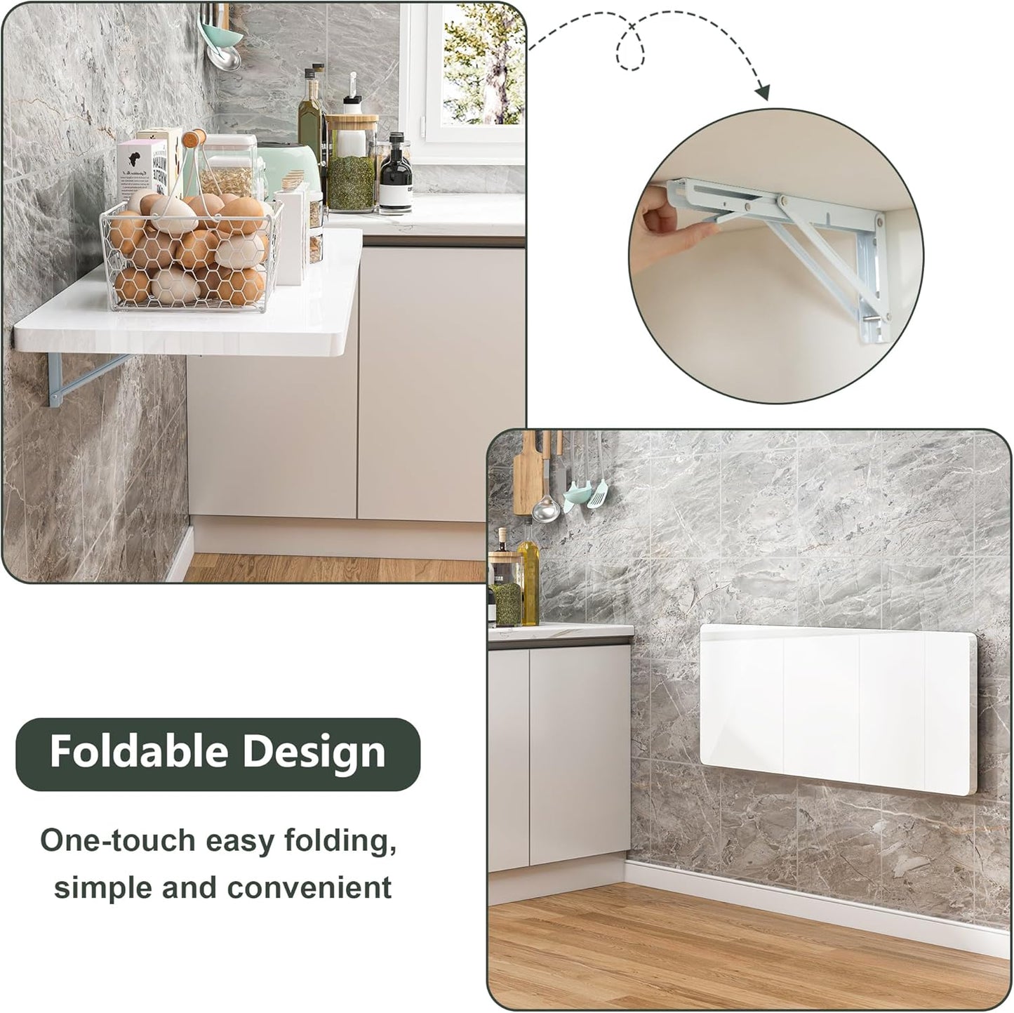 Clikuutory Wall Mounted High Gloss Folding Table 39.4" L x 19.7" W, Laundry Folding Table for Laundry Room, Home Office, Kitchen, Bedroom, Home Bar, Wall Desk Fold Down for Small Spaces, White