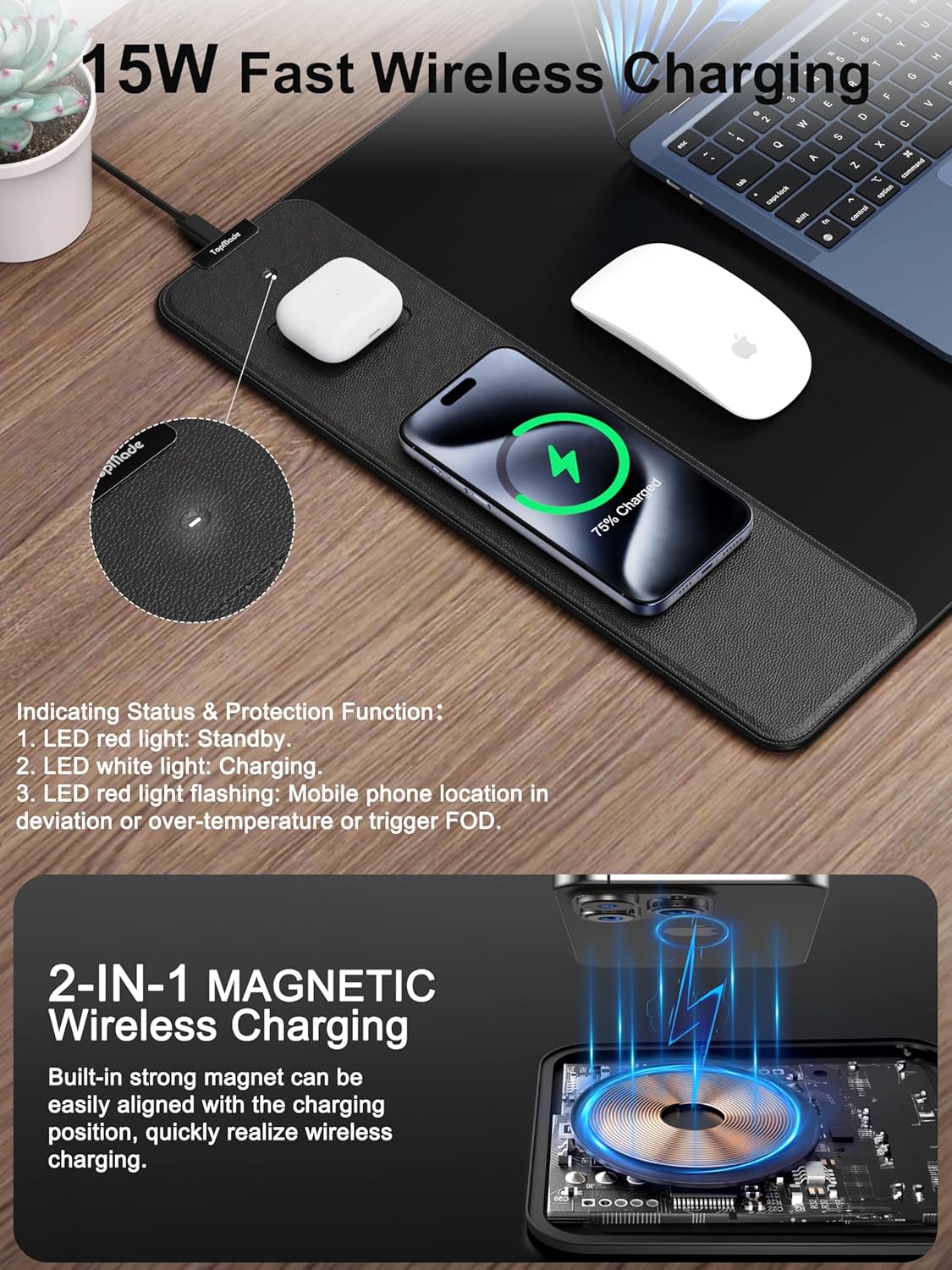 TopMade Wireless Charging Mouse Pad, Gaming Mousepad Home Office Large Desk Pad with Ultra-Smooth Surface, Non-Slip Base, Waterproof Keyboard Mat (Includes 20W PD Power Adapter & 6.56ft Woven Cable)