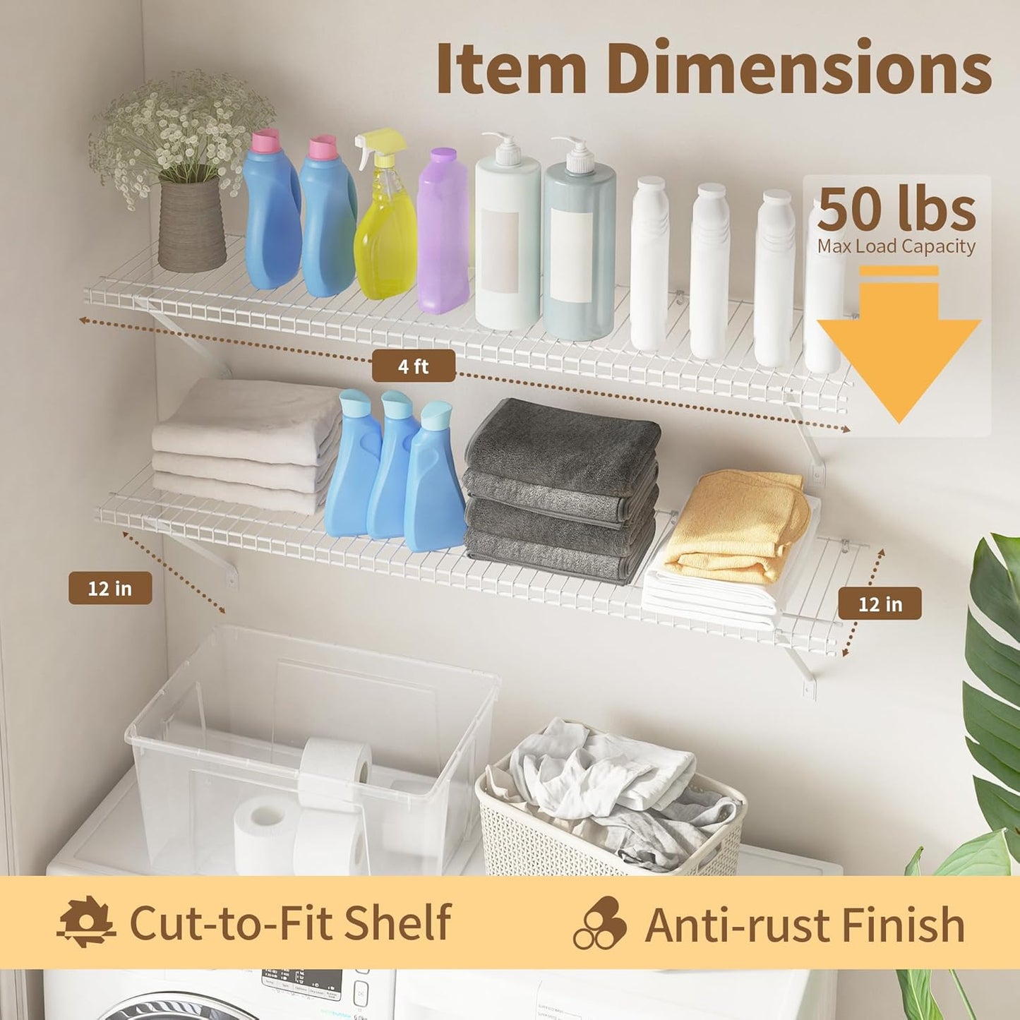 Closet Shelves Wall Mounted, 2 Pack 4 ft x 12 in White Wire Shelving Kit, Metal Wall Shelf Organizer for Home, Pantry, Laundry Room Storage