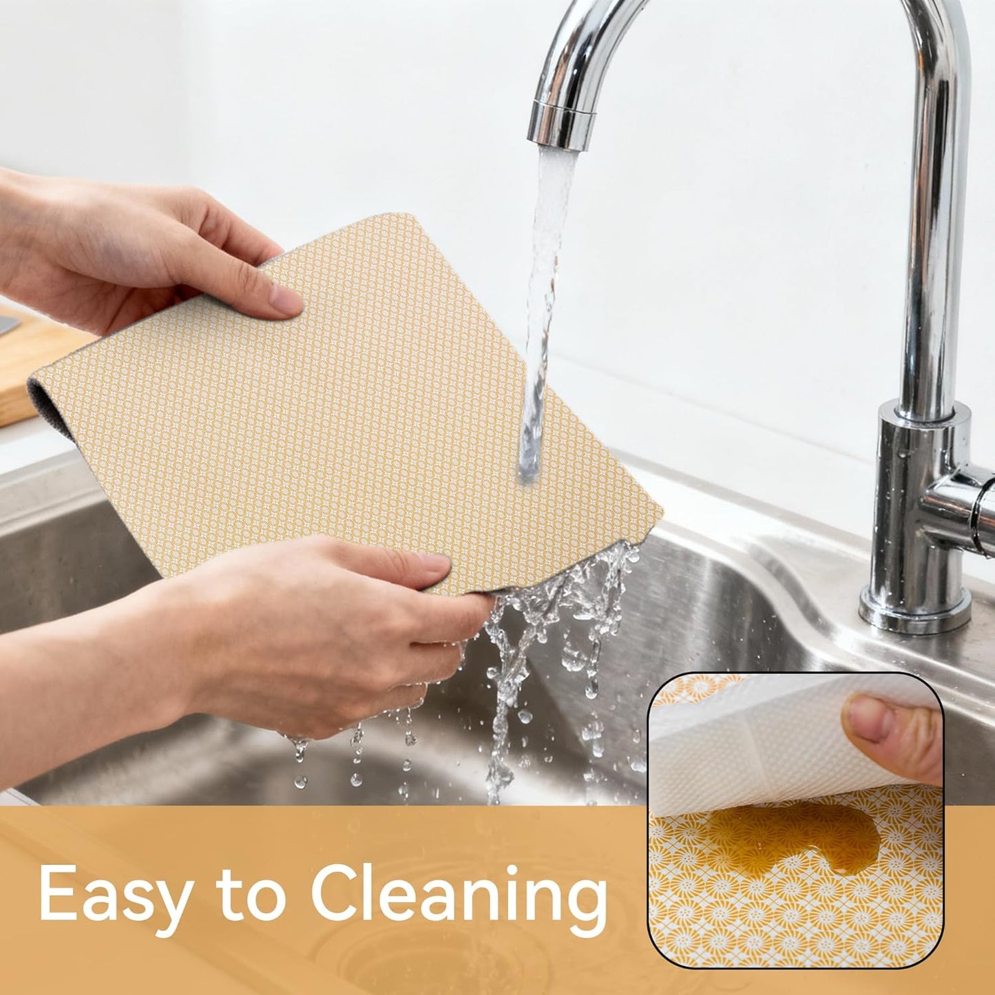 FIFTY FEET 18"x96" Non-Adhesive Shelf Liner for Kitchen Cabinets and Drawers, Washable Non-Slip PVC Cabinet Liner (Yellow Circle)(1 Roll)