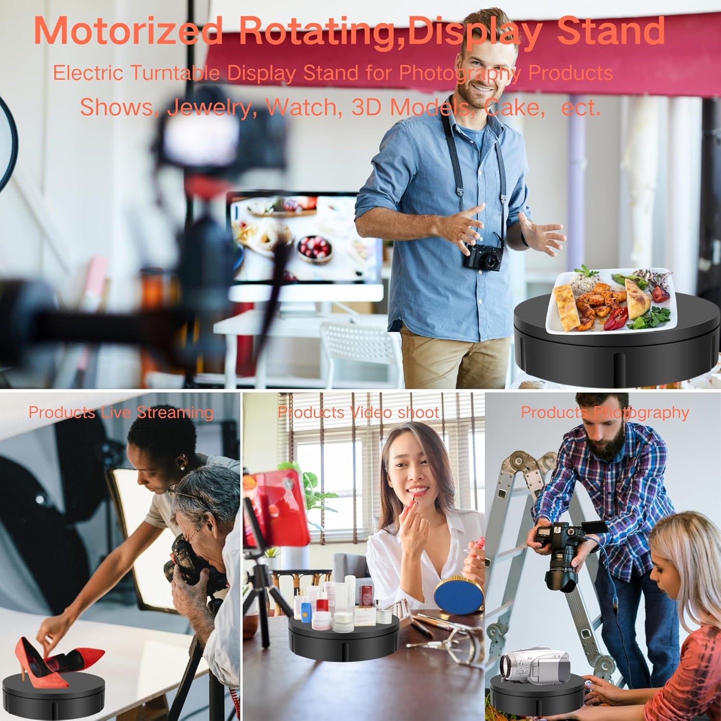 JAYEGT Motorized Rotating Display Stand, 350Lbs Load，360 Degree Electric Rotating Turntable for Photography Products Display，Live Show,Remote Control +5 Colors Backgrounds (Black/11.8inch /Wired)