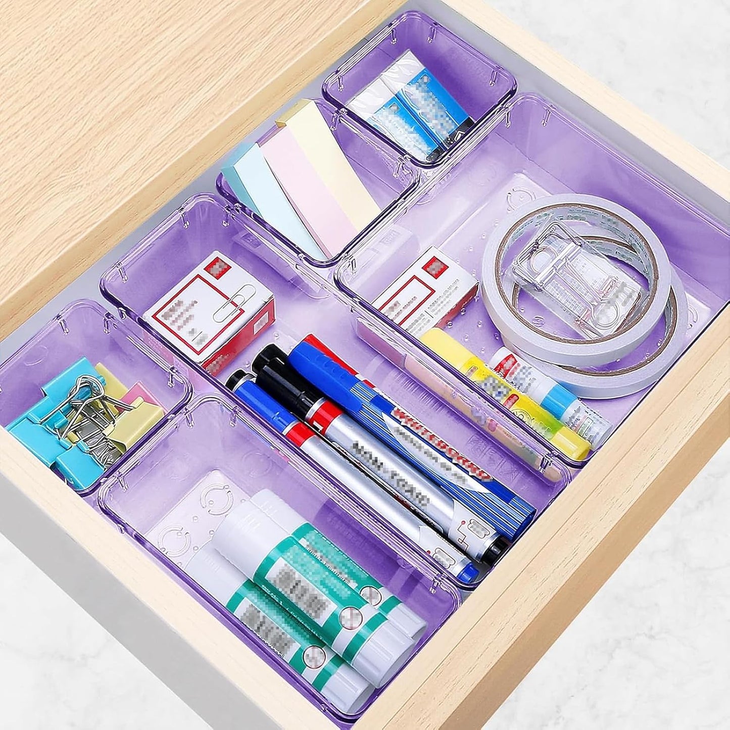 10 PCS Drawer Organizer Set, 4 Varied Size Bathroom and kitchen Drawer cabinet organizer Trays, Clear Storage Bins for Makeup, Jewelry, Utensils and Gadgets, Purple