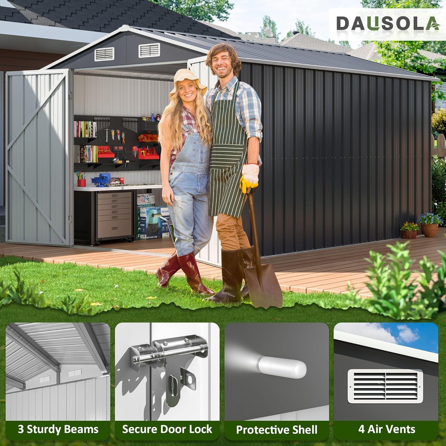 8x12 FT Outdoor Storage Shed, Metal Garden Tool Shed with Updated Frame Structure and Lockable Doors, Ideal for Backyard Garden Patio Lawn, Grey