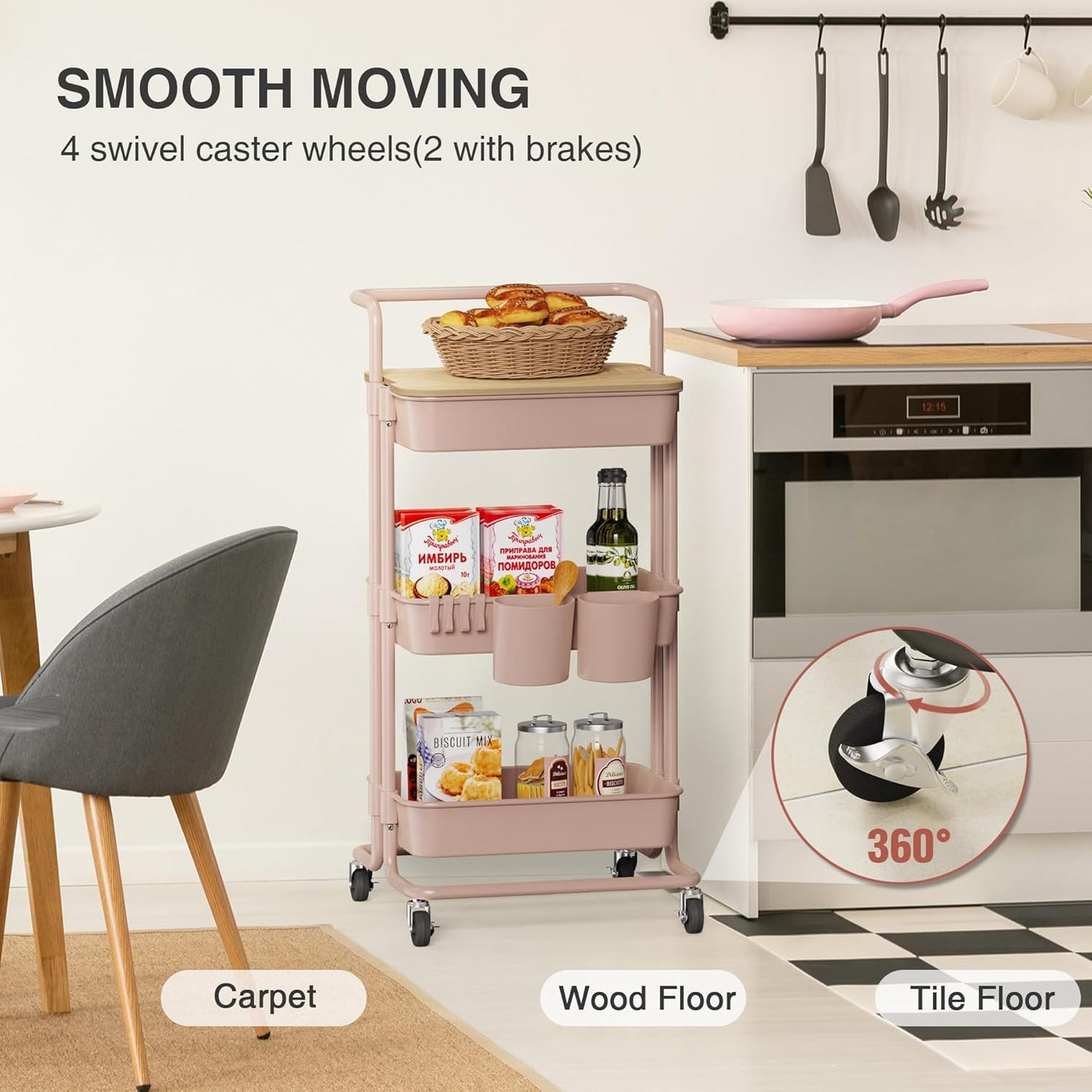 DTK 3 Tier Rolling Utility Cart with Cover Top Board, Movable Kitchen Storage Cart Trolley with Lockable Wheels, Cups, Hooks for Kitchen Bathroom Home Office Art Craft Storage and Organization(Pink)