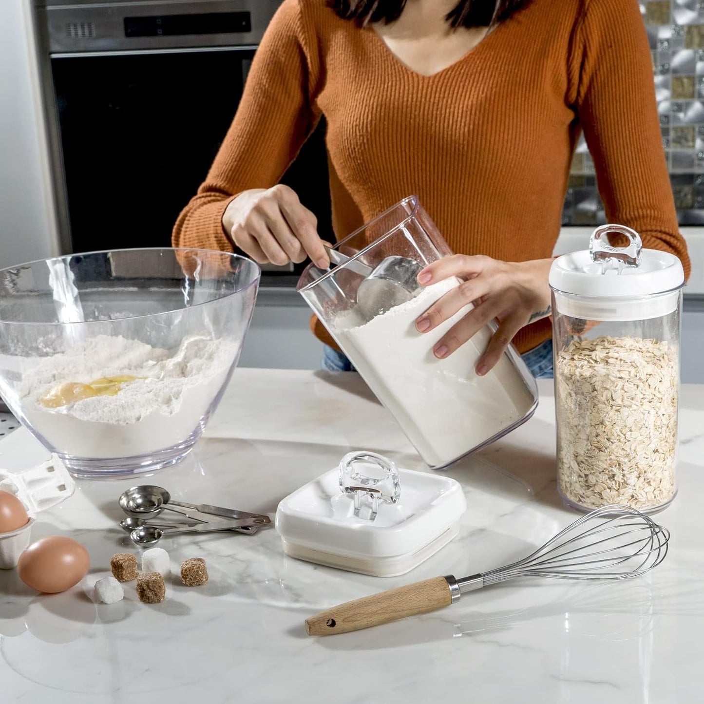 Felli Flip Tite Acrylic Food Storage Container with Lid 6” XL Air Tight Ring Seal Flip Top, Plastic Kitchen Baking Canister for 5 lb Flour Sugar Rice Protein Powder Pantry Organizer (Nest-L, White)