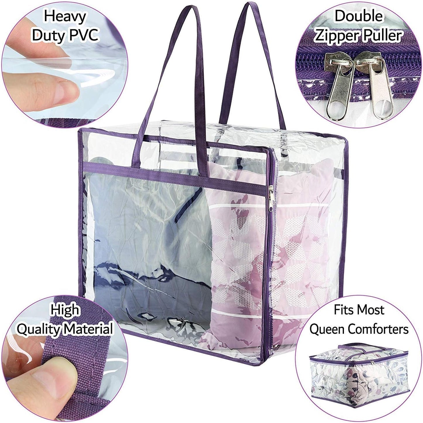 Clear Vinyl Zippered Storage Bags (3-Pack) 40L Sturdy Storage Bags for Sweaters, Blankets, Comforters, Bedding Sets and Much More! (Purple, 18x15x9)