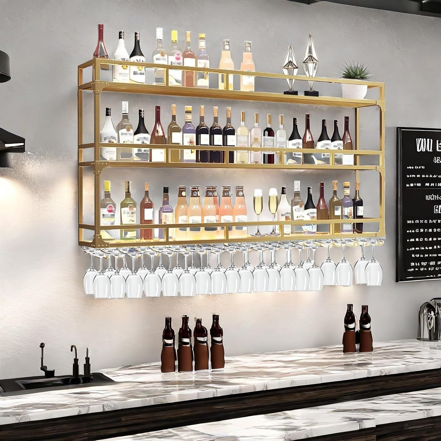 59in Wall Mounted Wine Rack, Wine Rack Wall Mounted With Wine Glass Rack, Metal Bar Bottle Display Shelf Wine Cups Hanging Holder, For Home Bar Cafe Dining Room Decoration (GOLD, 59*10*35.5IN)