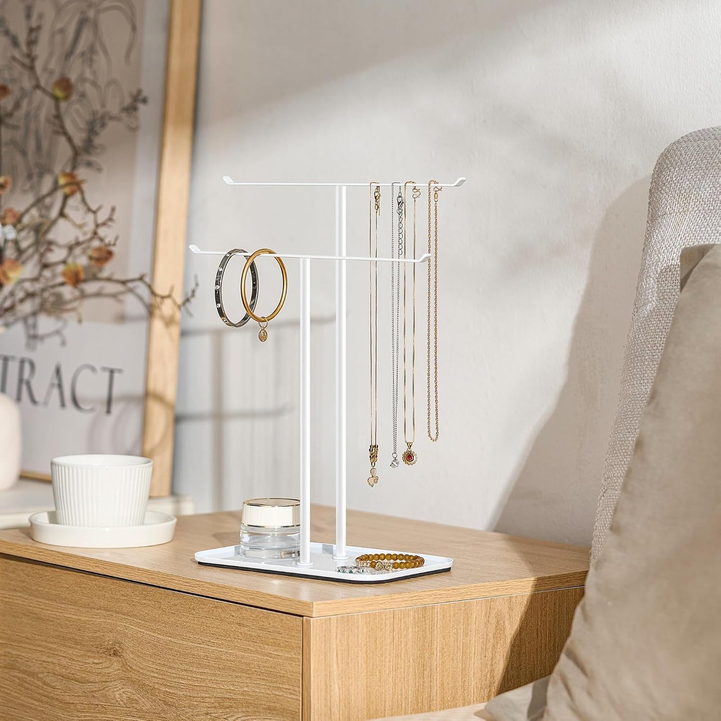 pickpiff Necklace Holder Jewelry Organizer Stand – 2‑Tier T‑Bar Jewelry Display Tree with Tray for Countertop Necklace Bracelet Earring Storage, Vanity Dresser Bathroom Sink, White