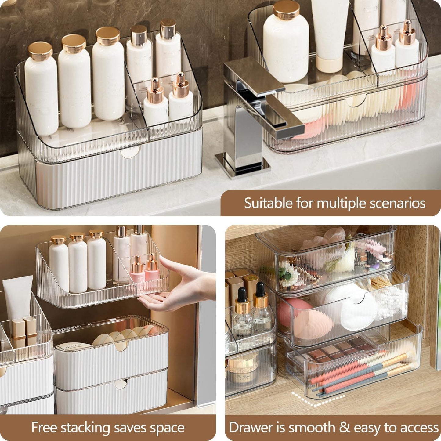 Medicine Cabinet Organizer 3 Tier, Stackable Bathroom Mirror Cabinet Storage，Small Makeup Organizers with 2 Drawer and 1 Tray for Wall Cabinet， Closet， Vanity, Countertop, Clear White