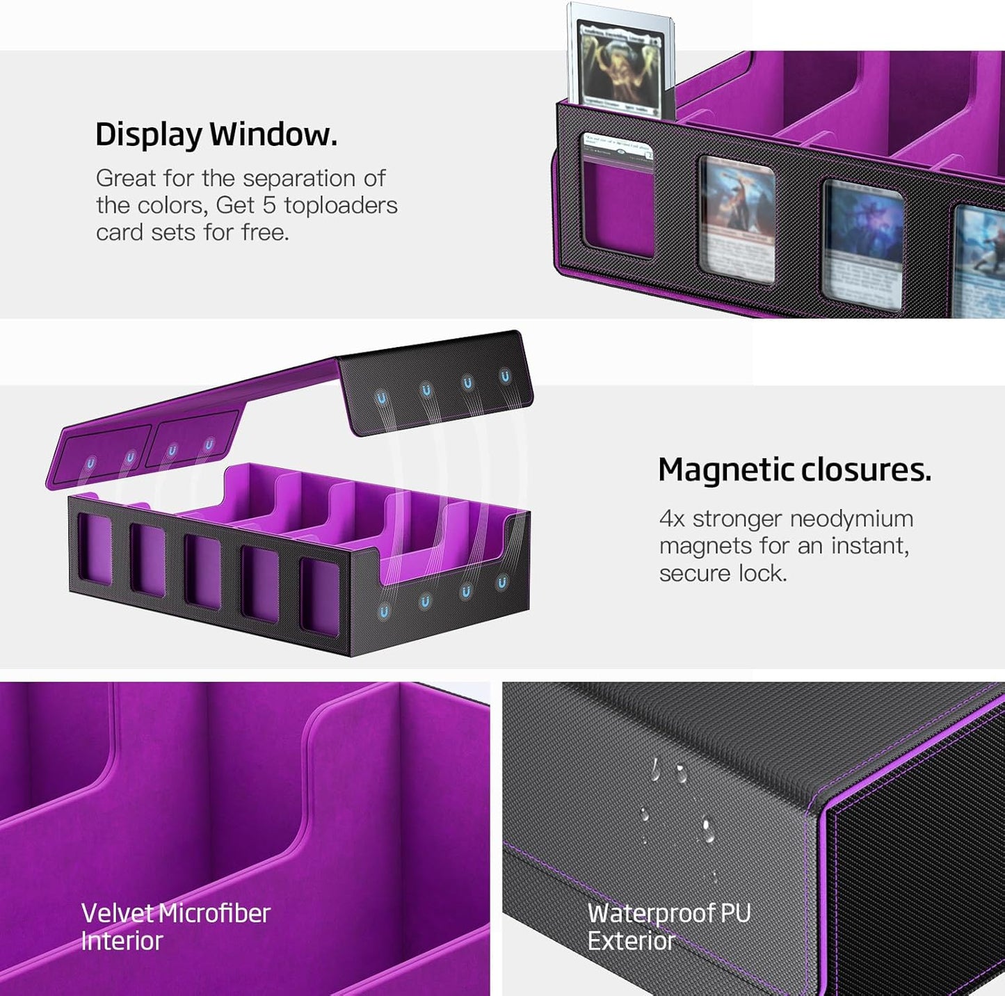 Trading Card Storage Box 5-Row 3900+ Capacity,TCG MTG Card Case with Magnetic Lid & Commander Display,Top Loader Storage for Sports Cards,Includes Dividers Dice Box（Black Purple）