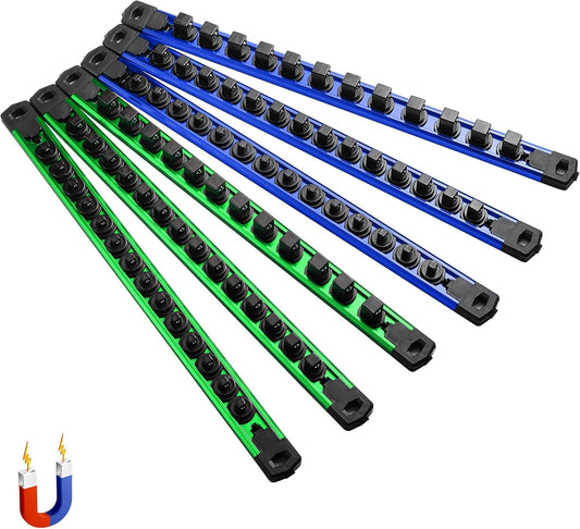 ALOANES 6-Piece Magnetic Socket Organizer, Heavy Duty Aluminum Socket Rails Organizer, 360° Swivel Clips Socket Holder Kit for Tool Box, 1/2, 3/8, 1/4-Inch Socket Holder x 80 Clips (Green&Blue)