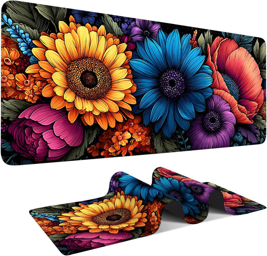 Flower Gaming Mouse Pad 35.4"x15.7"Desk Mat Anti-Slip Rubber Base & Durable Stitched Edges for Gamers Smooth Mouse Writing Surface for Desk Office/Home