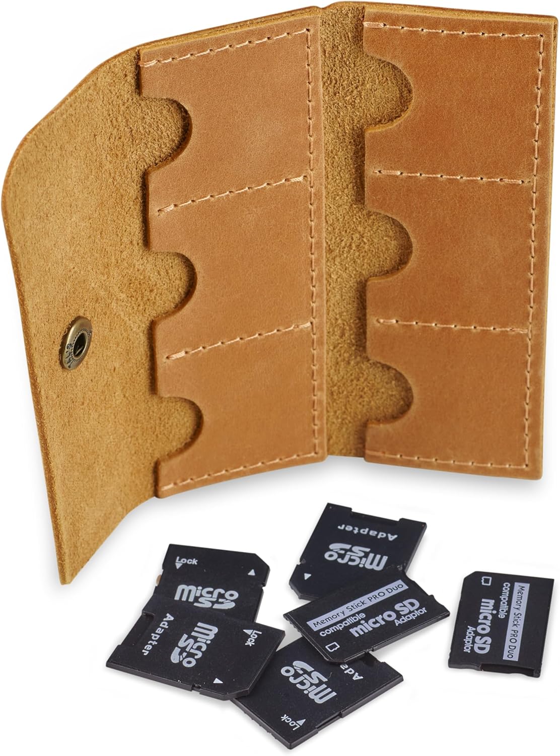 Leather SD/Micro SD Card Holder & Organizer, Storage Case, Travel Memory Card Cover (Vintage Brown)