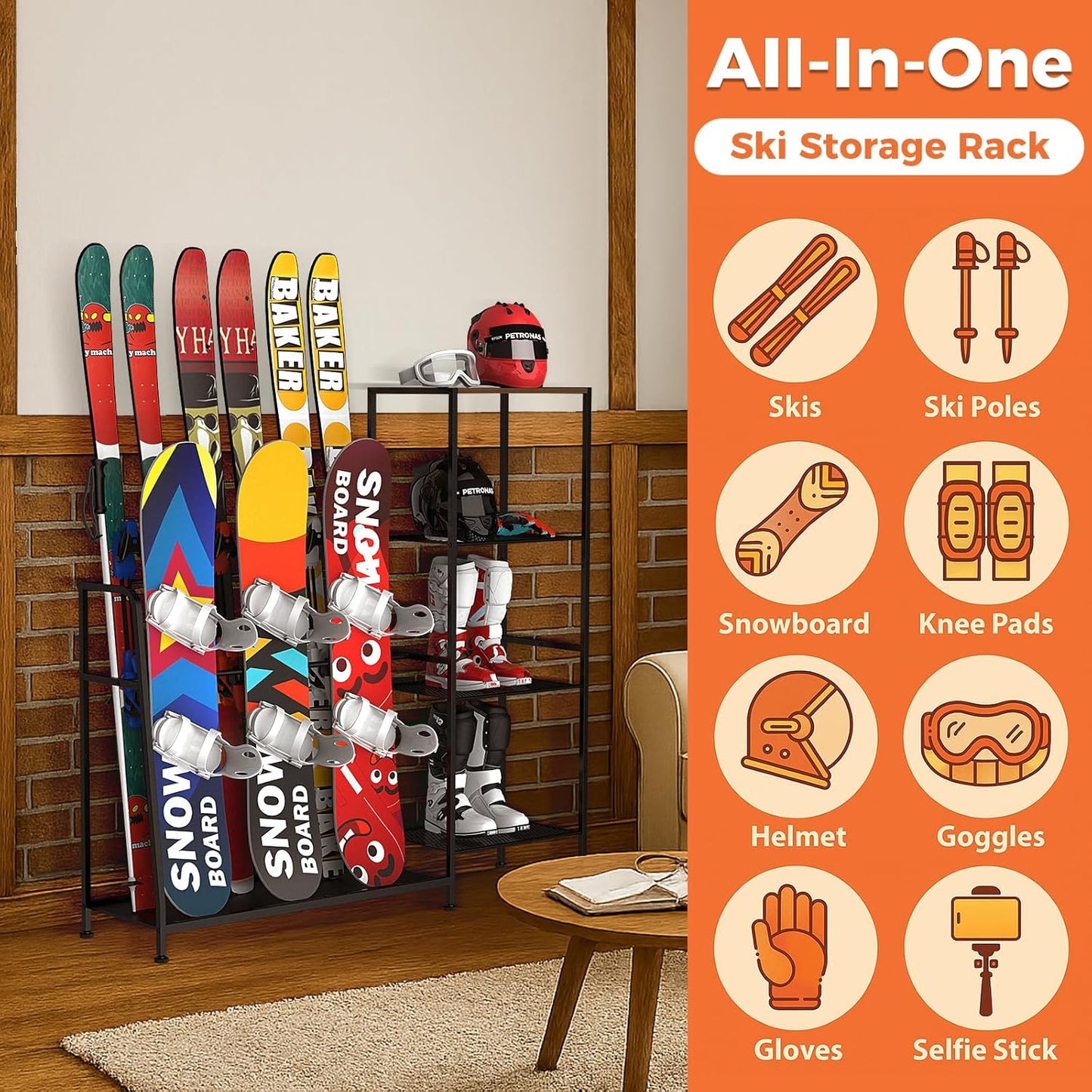 Freestanding Snowboard Rack, 4 Pair Ski, 3 Pack Snowboard, Boot, Pole, Goggles, Snowboard Gear, Ski Rack for Garage