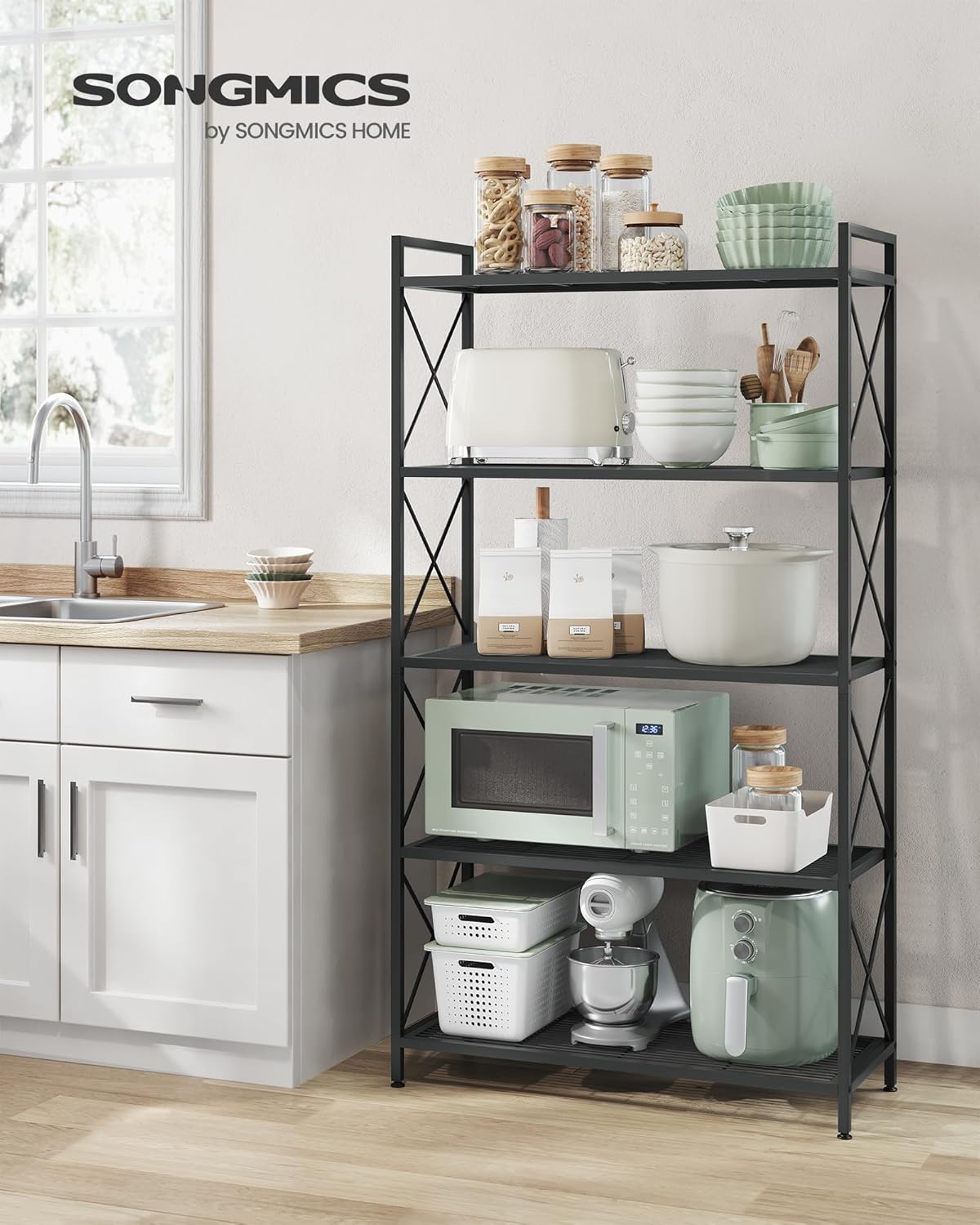 SONGMICS 5-Tier Metal Storage Rack, Shelving Unit with X Side Frames, Dense Mesh, 12.6 x 31.5 x 57.3 Inches, for Entryway, Kitchen, Living Room, Bathroom, Industrial Style, Ink Black UBSC185B01