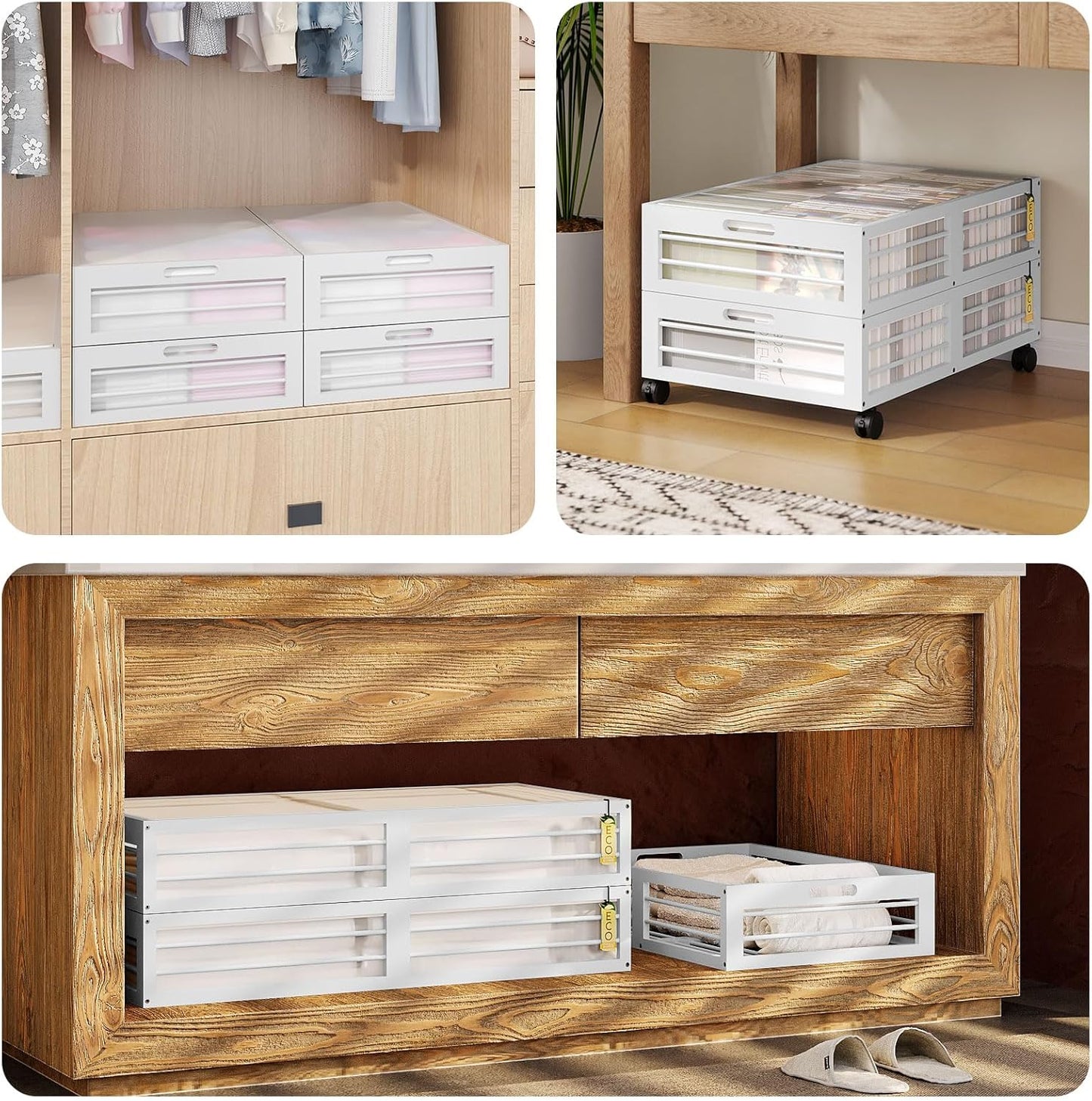 Bamboo Underbed Storage Containers with Wheels & Bag 2 Pack, Large Under Bed Rolling Storage Bins Wood Under Bed Clothes Storage Stackable Drawers for Bedroom Closet Under Crib Toy(White)