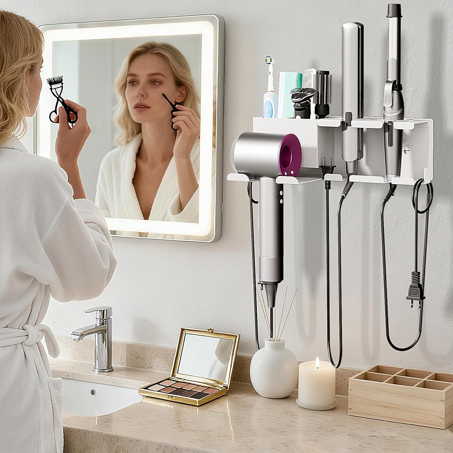 Hair Dryer Holder, Hair Tool Organizer Wall Mount, Metal Blow Dryer Holder, Curling Iron Holder, Curling Iron, Hair Dryer Wall Mount, Bathroom Accessories Tools Organizer, White