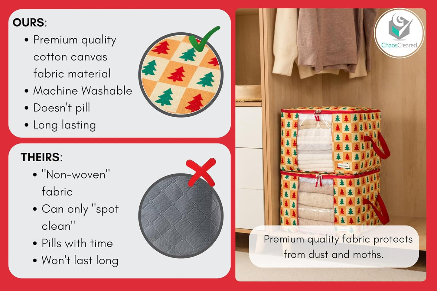Designer Christmas Canvas Clothing Storage Bags 2 Pack Clothes Organizer bags for sweaters, clothing, garments, quilt, linens, large folding organizers with zip & window, moth proof space saver