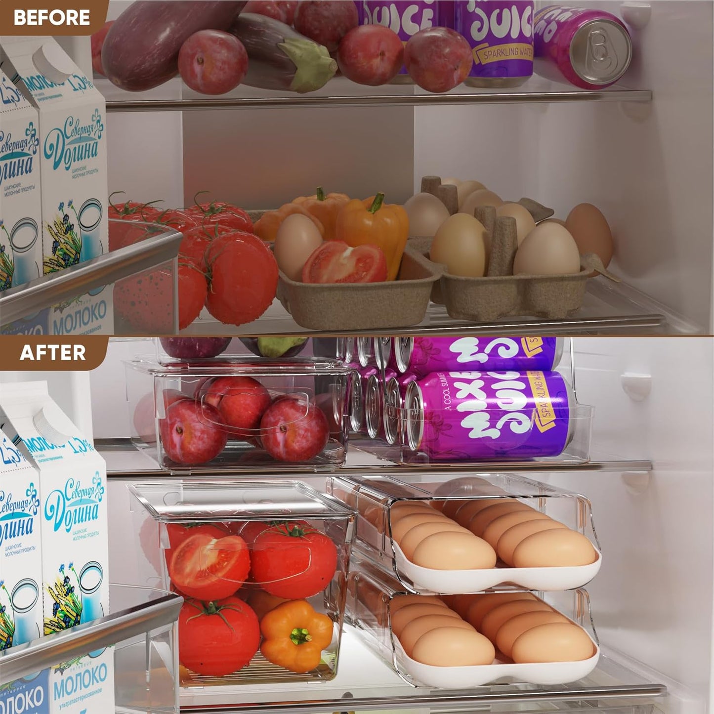 theaoo Egg Holder for Fridge, Automatic Rolling Egg Container for Refrigerator, Clear Plastic Egg Dispenser, Stackable Eggs Organizer with Quick Removable inner Tray For Organizers and Storage, 2 Pack