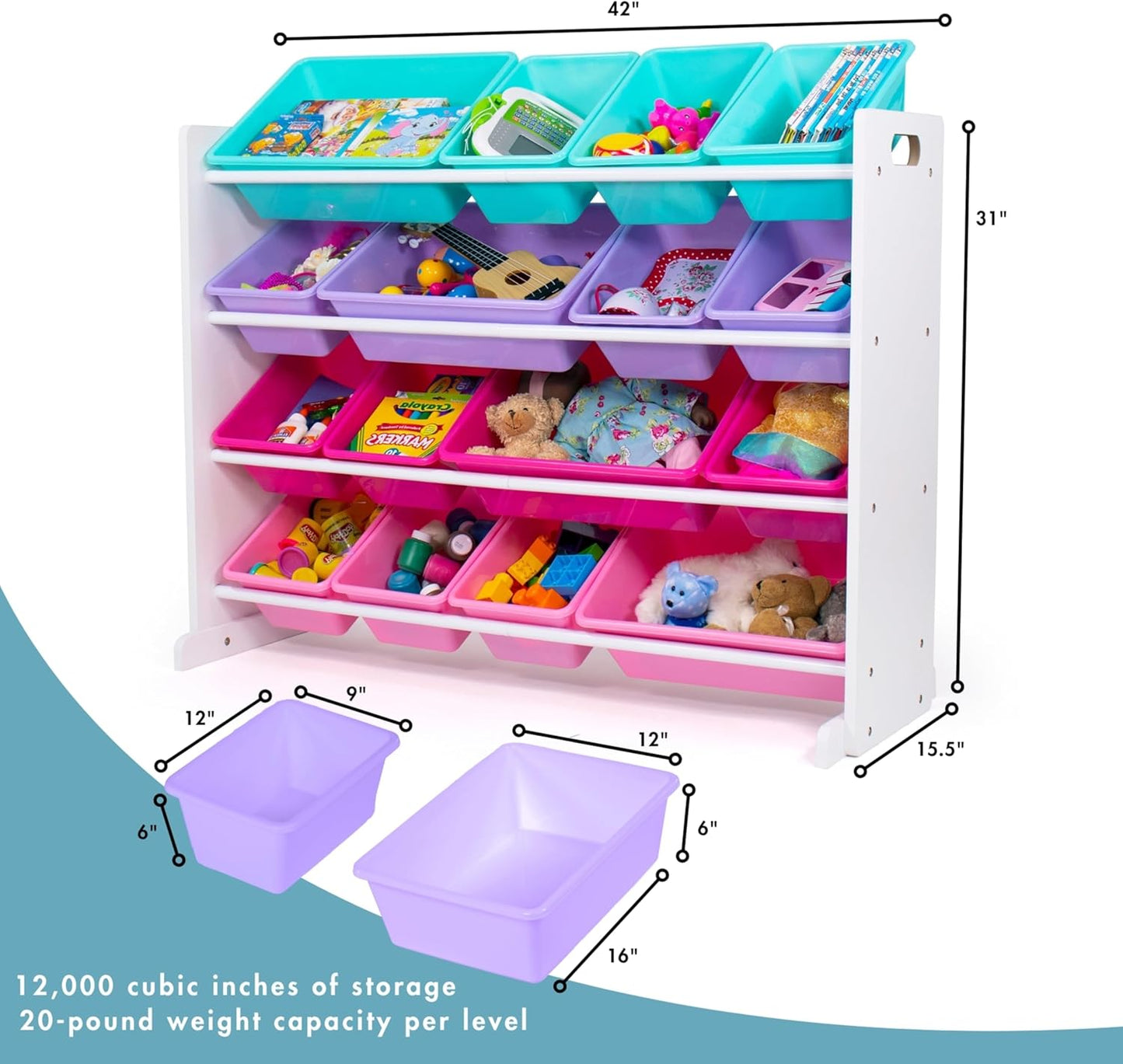 Humble Crew Supersized Toy Storage Organizer with 16 Removable Bins, White/Blue/Pink/Purple – Large Toy Storage for Toddlers Ideal for Kids' Rooms, Playrooms, and Nurseries - Modern Toy Bins for Kids