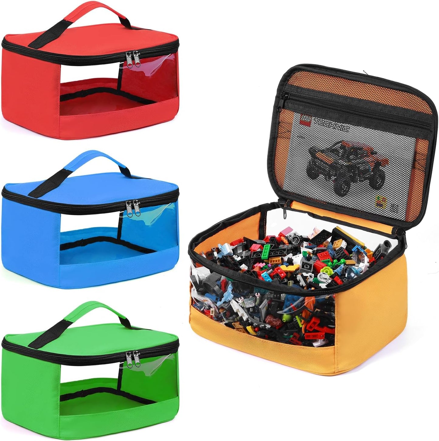 4 PCS Toy Storage Bags, Transparent PVC Toy Organizer Bag with Manual Pocket for Classic Building Bricks, Puzzles, Toy Cars, Large Size, Multicolor