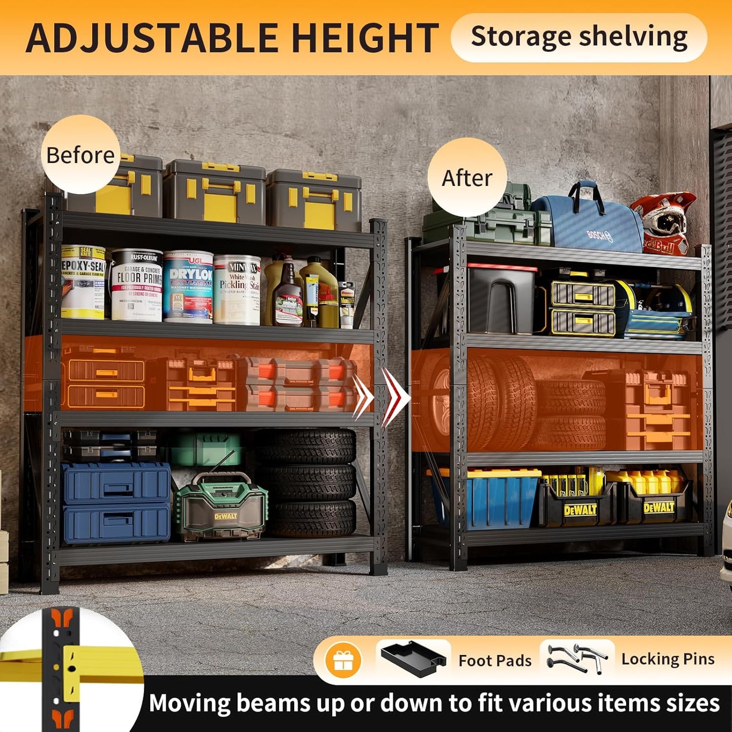 78.7"H Storage Garage Shelving Unit, 4000LBS Heavy Duty Metal Shelves Organization, Adjustable 4 Tier Utility Storage Shelf Rack for Industrial, Basement, Warehouse (Black, 23.6"D×47.2"W×78.7"H)