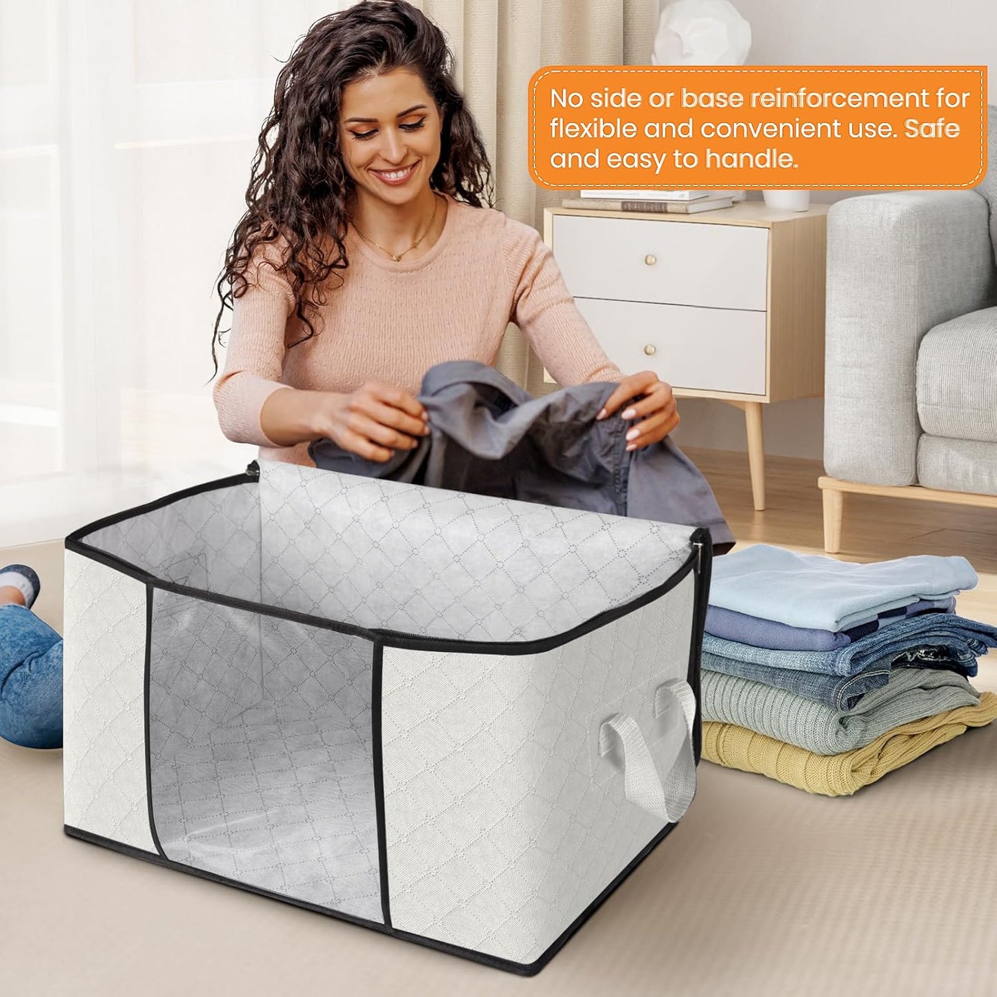 Fab totes 10 Pack Clothes Storage, Foldable Thick Fabric Blanket Storage Bags, Containers for Organizing Bedroom, Closet, Clothing, Comforter, Organization with Handle,Ivory White