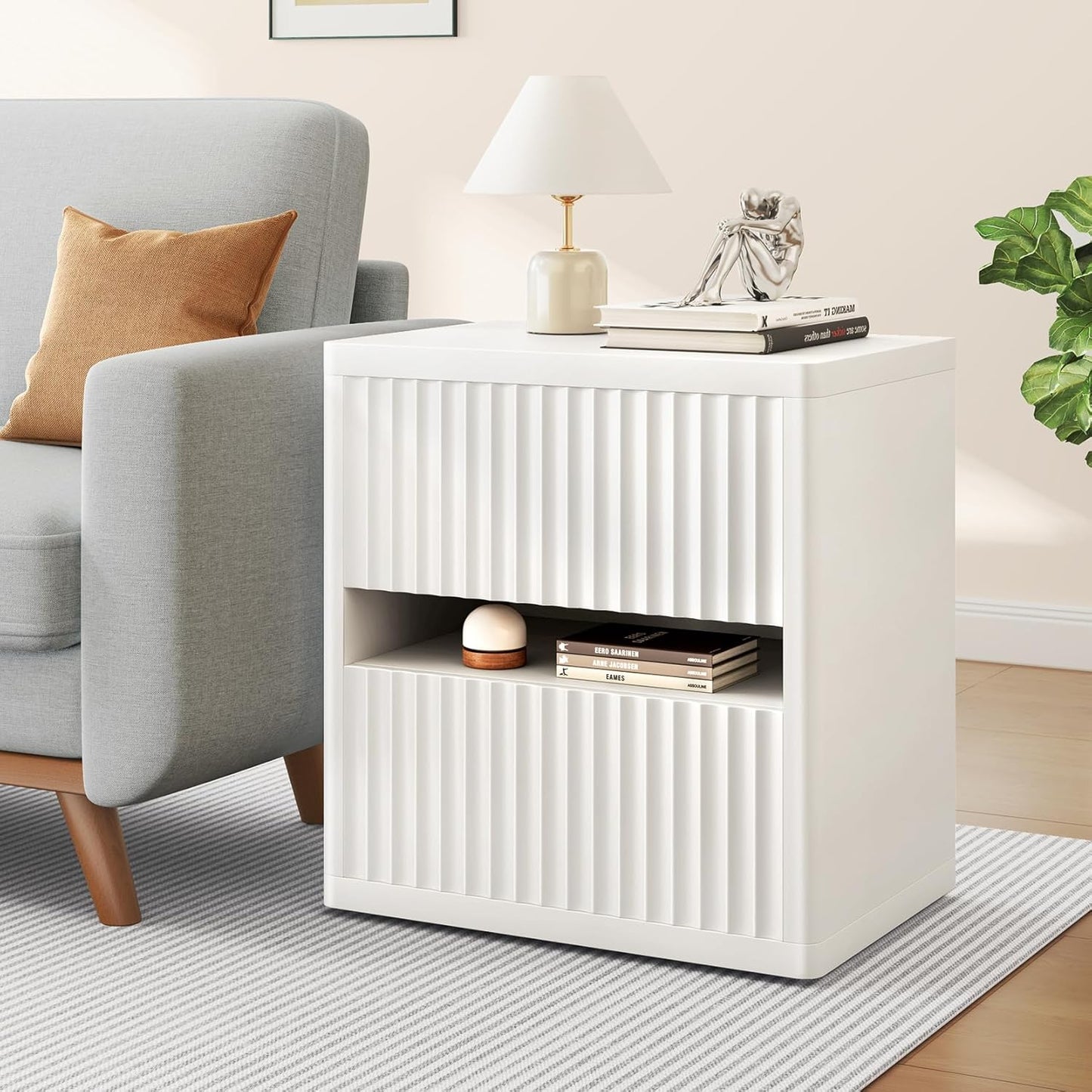 Dripex Fluted Nightstand with 2 Drawers, Large Wide Wood Night Stand Bedside Tables for Bedroom, Mid-Century Modern Storage Bed Side Table, End Tables for Living Room Sofa Couch, White, Set of 2