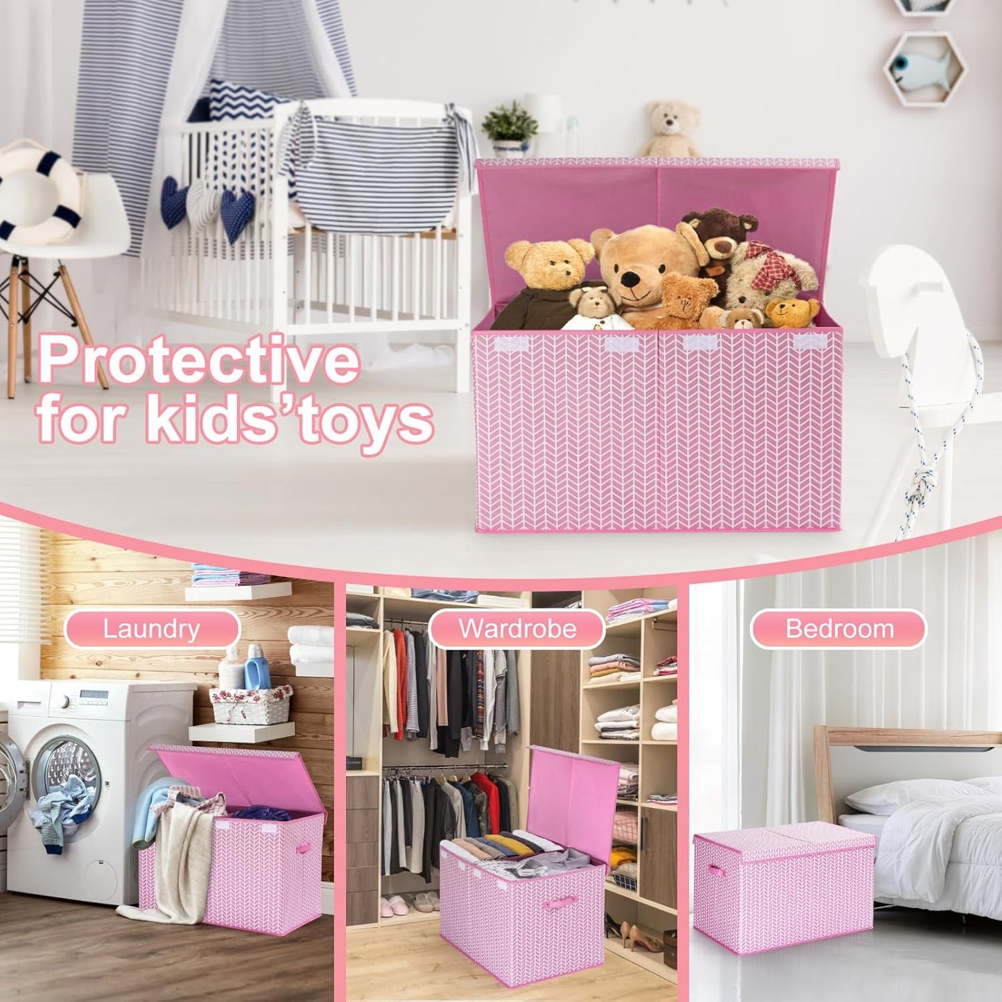 Mayniu Extra Large Toy Box Chest with Dividers, 120L Sturdy Toy Storage Organizer Bin Boxes Basket for Kids, Boys, Girls, Living Room, Nursery, Bedroom, Playroom (26"x17" x17", Pink)