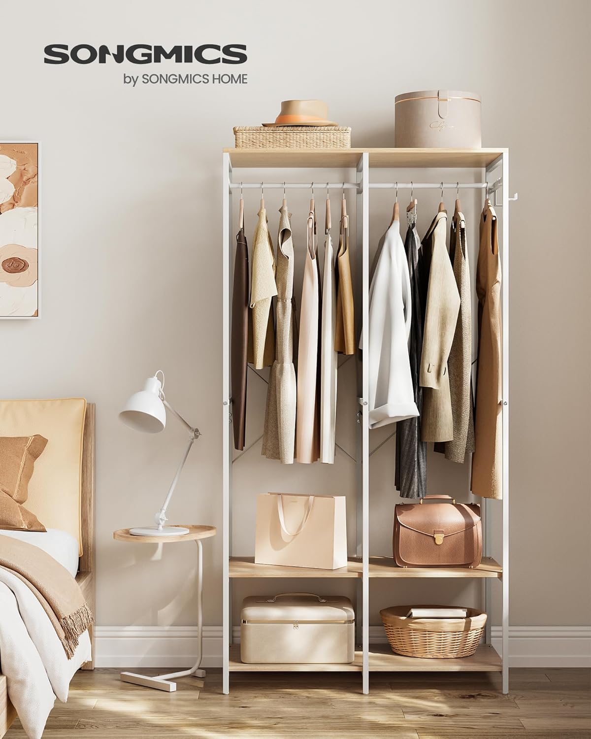SONGMICS Clothes Rack, Iron and Wood Wardrobe Closet Organizer, Heavy Duty Garment Rack with Hanging Rods, Closet Shelves, Removable Hooks, 15.7 x 37.2 x 70.9 Inches, Natural Beige URGR004W67
