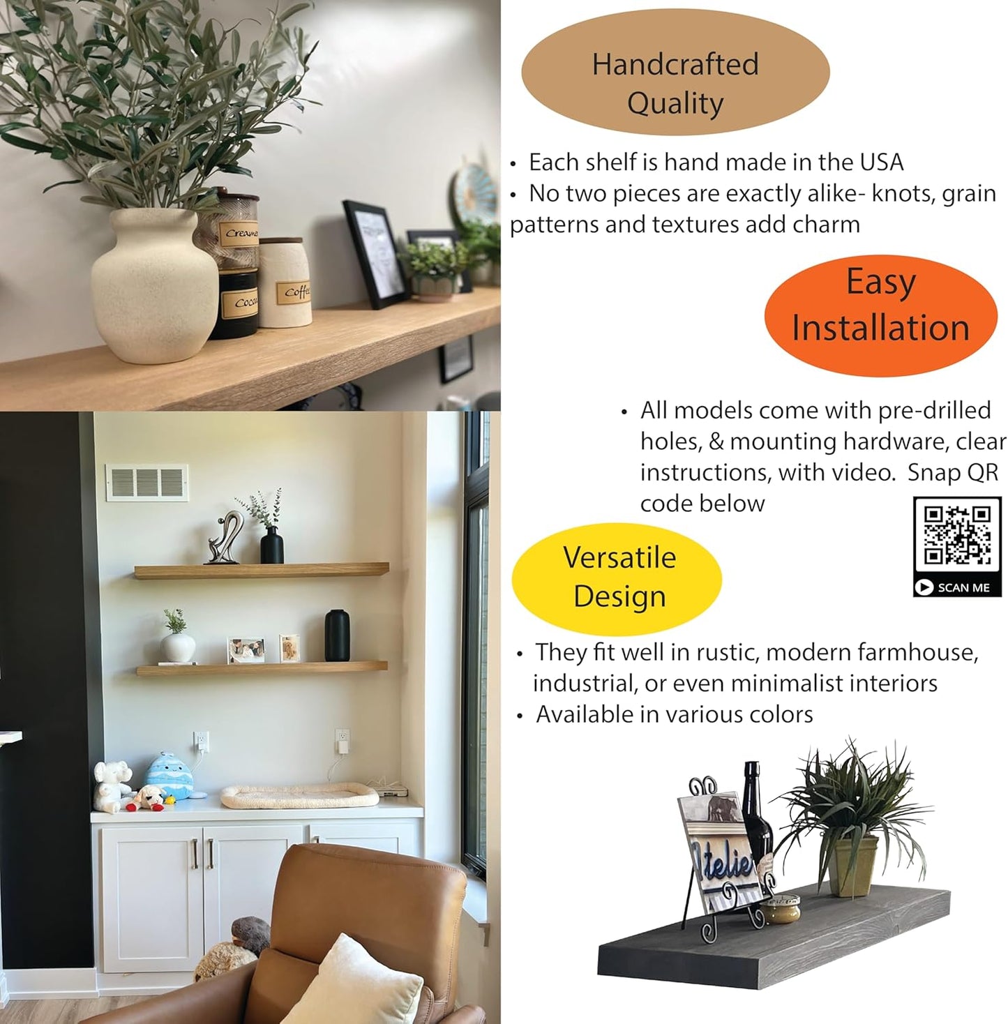 joelsantiques 54 Inch Wooden Floating Shelves for Wall - 54x8x2 in - Made of Natural Wood - Long Heavy Duty Rustic Wall Shelves for Bedroom - Perfect for Living Room, Kitchen - Beige