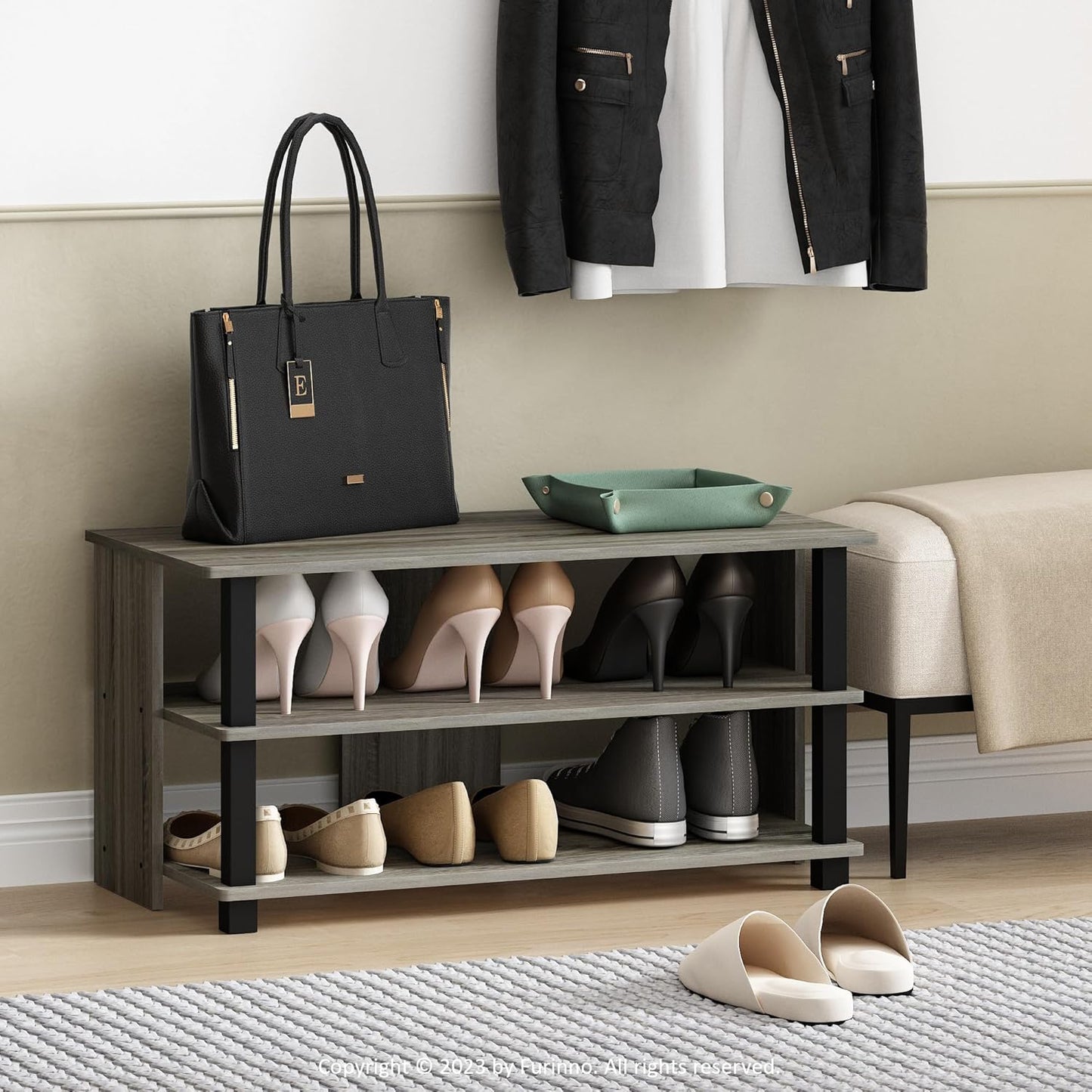 Furinno Turn-N-Tube Shoe Rack, 3-Tier Shoe Organizer, Shoe Storage with Compact Open Shelves, 15.5 x 31.5 x 15.7, for Closet Entryway, Office, Garage, French Oak/Black