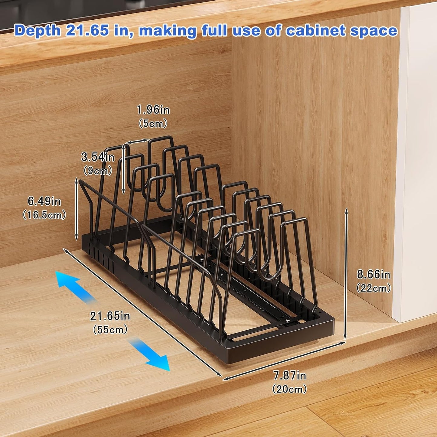 Pots and Pans Organizer Under Cabinet, 21.6" Deep Pull Out Pot Lid Organizer Holder with Guardrail Adhesive Pot and Pan Holder Rack with 10 Adjustable Dividers-1 Pack(Black)